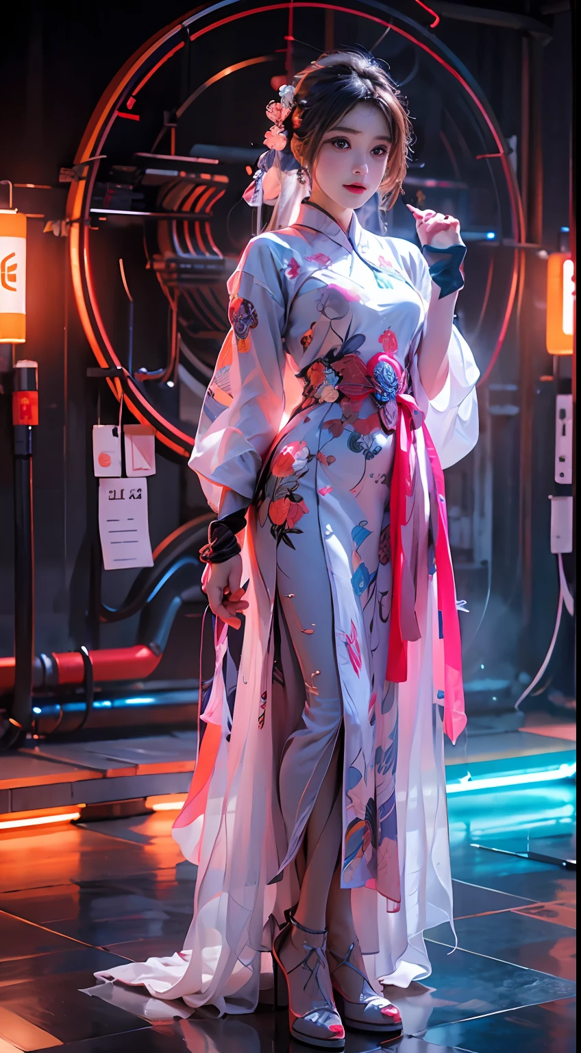 1 girl solo, perfect_hand, (8k, RAW photo, best quality, masterpiece:1.2), (realistic, photo-realistic:1.4), (extremely detailed CG unity 8k wallpaper),full body, (neon lights), machop, mechanical arms, hanfu, Chinese clothes, dress,