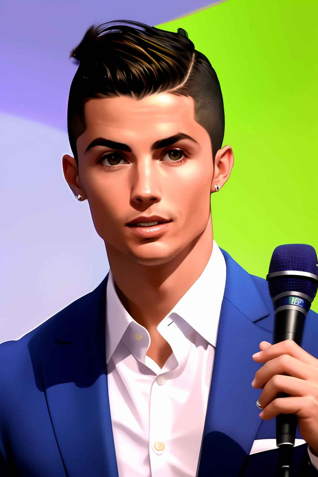 Cristiano Ronaldo with a microphone in his right hand and Justien Bieber's hair