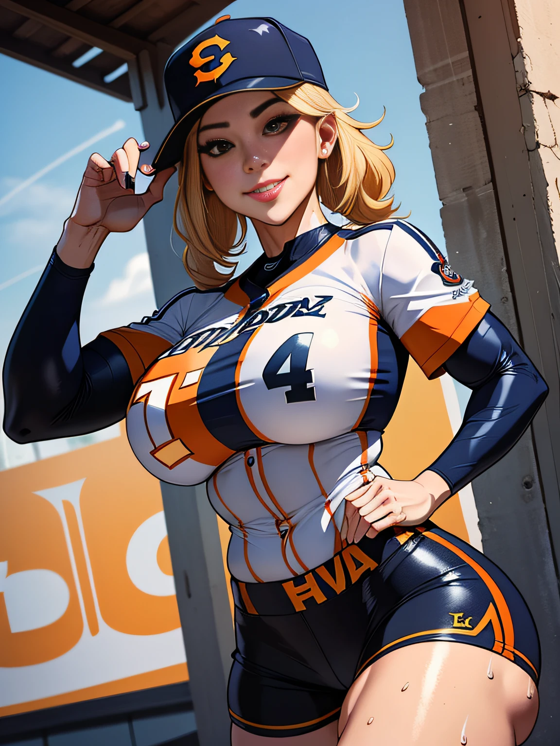 Glossy orange baseball uniform、One Female Alafe Baseball Player、Glossy shorts、spikes、Huge breasts that are about to burst、slurry and long legs,、Fitness Model、musculature、abdominals、Height 175cm、Sun visor、skin tanned、glistning skin、Cool smile、full-body view、publicity cosplay、full-cosplay、taken with canon 5d mk4、cosplay foto