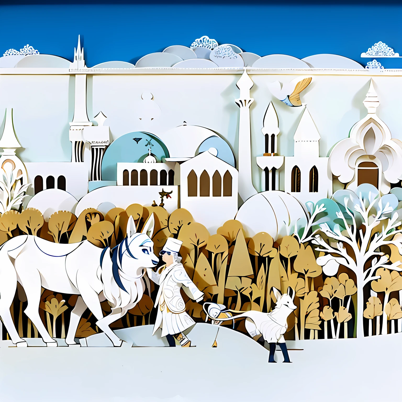 There were paper cuts for men and a carriage, author:Alberto Morroco, paper art, author:Ahmed Kalahisari, persian folkore artstyle, layered paper art, author:Taravat Jalali Farahani, arte em papel cortado, Sacred City | illustration, author:Abdullah Al Gulguli, Laurent Durieux