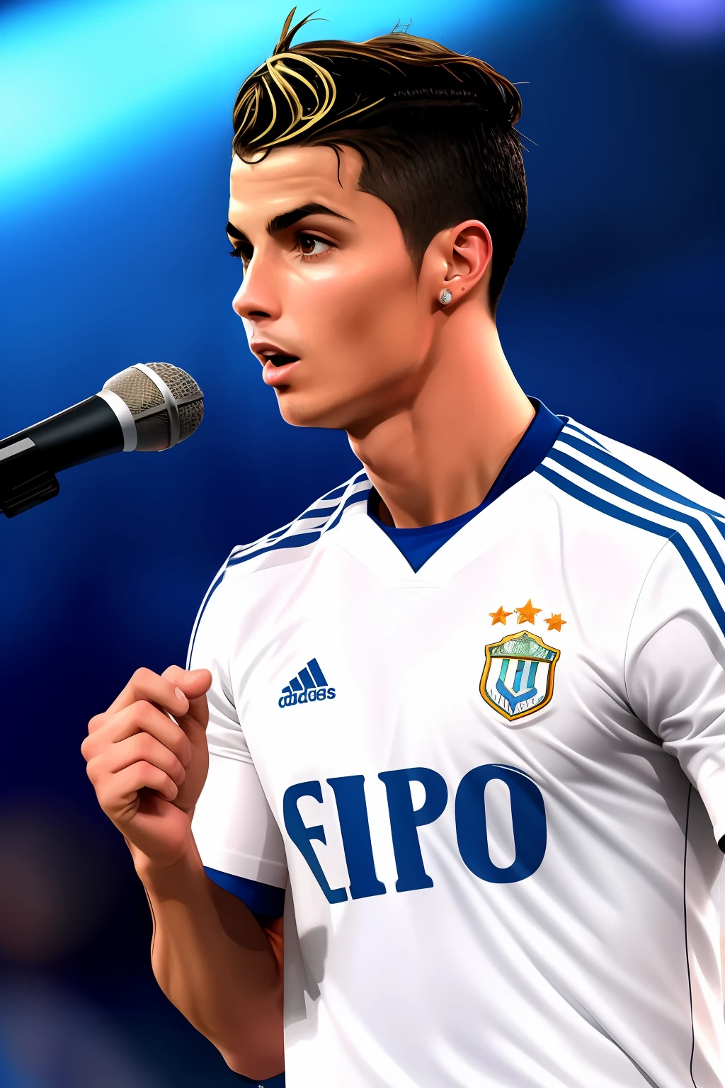 Cristiano Ronaldo with a microphone in his right hand and Justien Bieber's hair