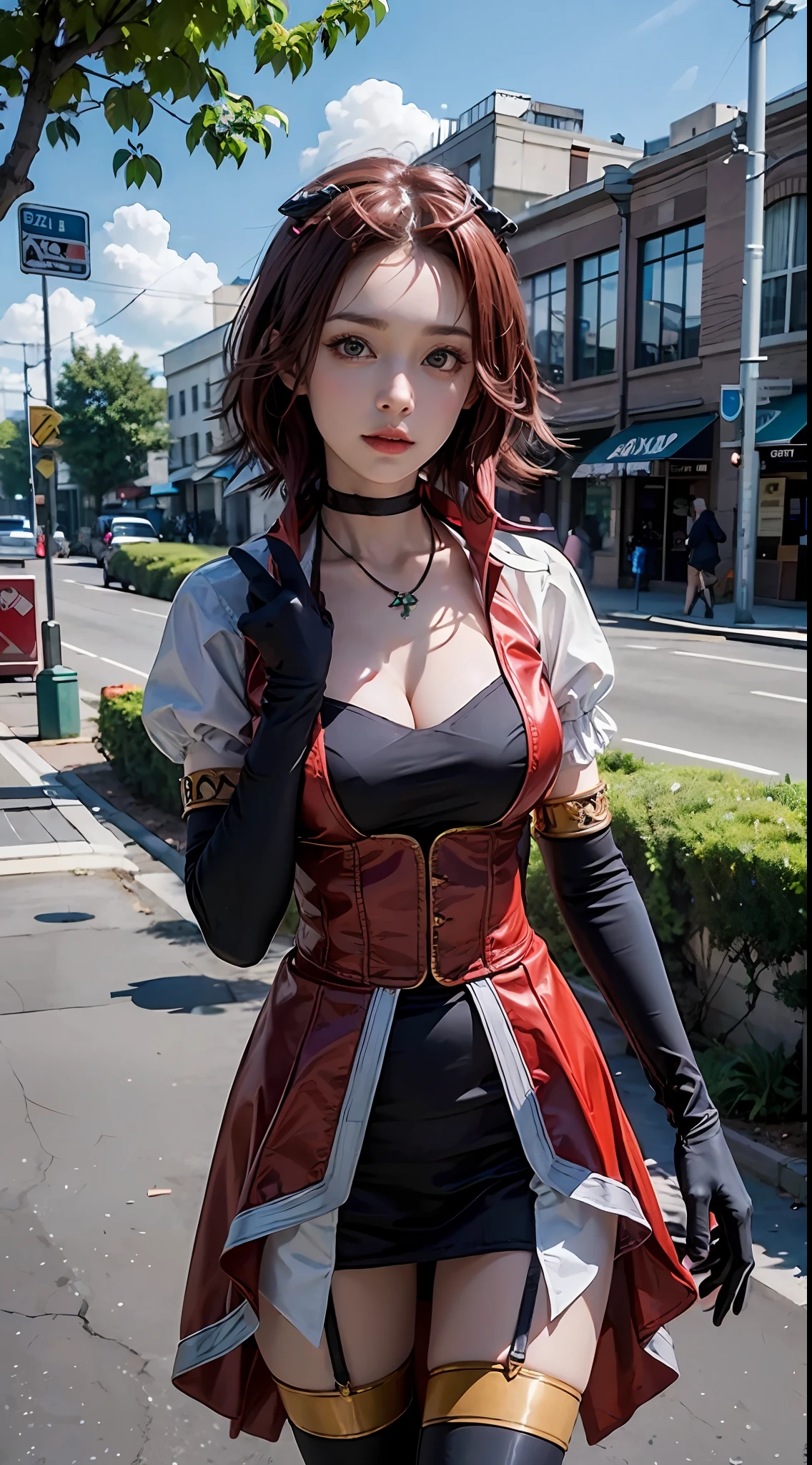 masterpiece, best quality, highres, aki1, izayoi aki, solo, gloves, elbow gloves, breasts, jewelry, cleavage, choker, necklace, black thighhighs, black gloves, large breasts, standing, cowboy shot, outdoors,