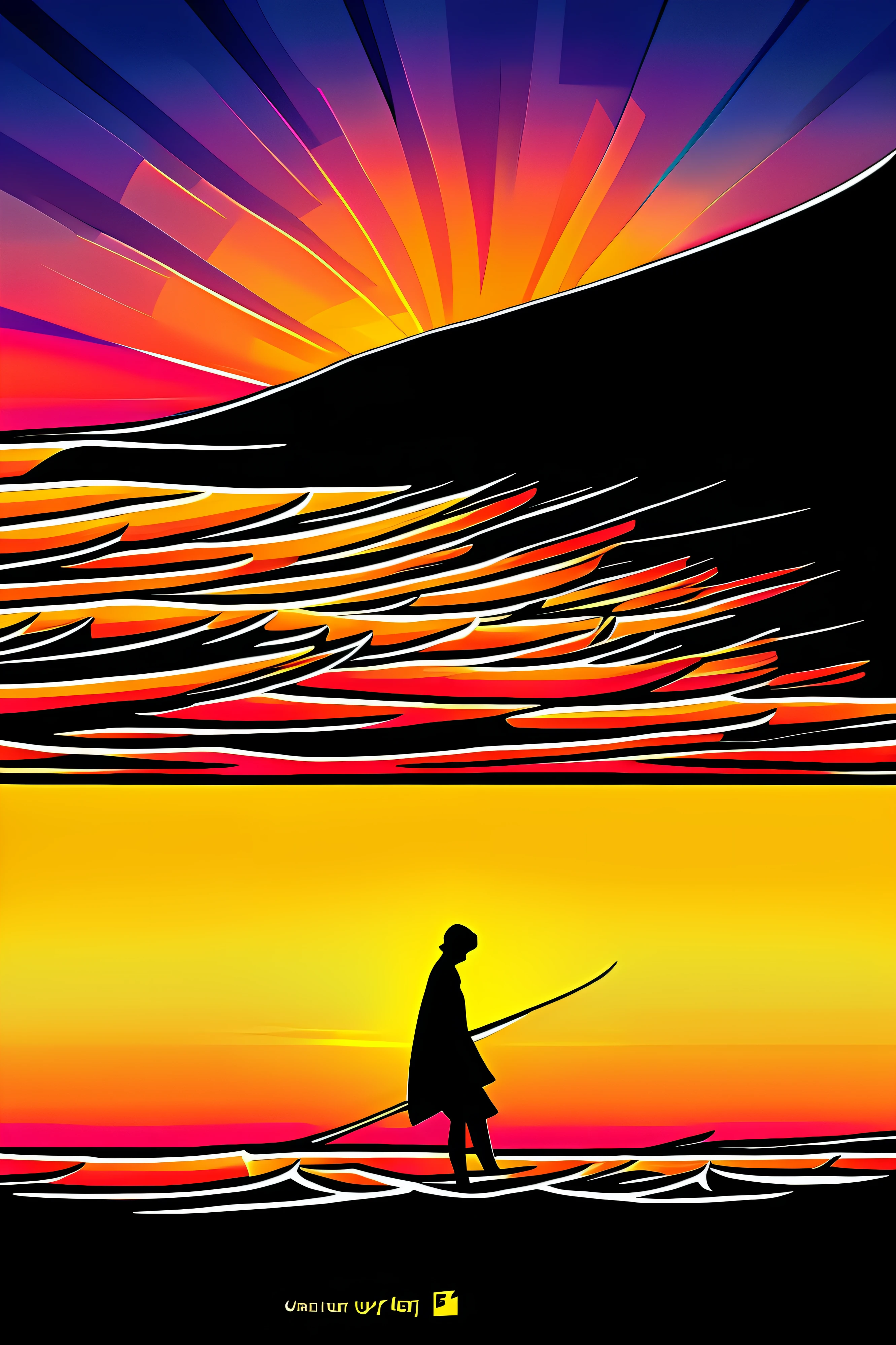 tshirt logo design isolated in black background, (((surfer girl at beach at sunset))), waves patern framming, masterpiece, best quality, ((detailed face)), ((award winning)), (High Detail), Sharp, 8k, vectorial art