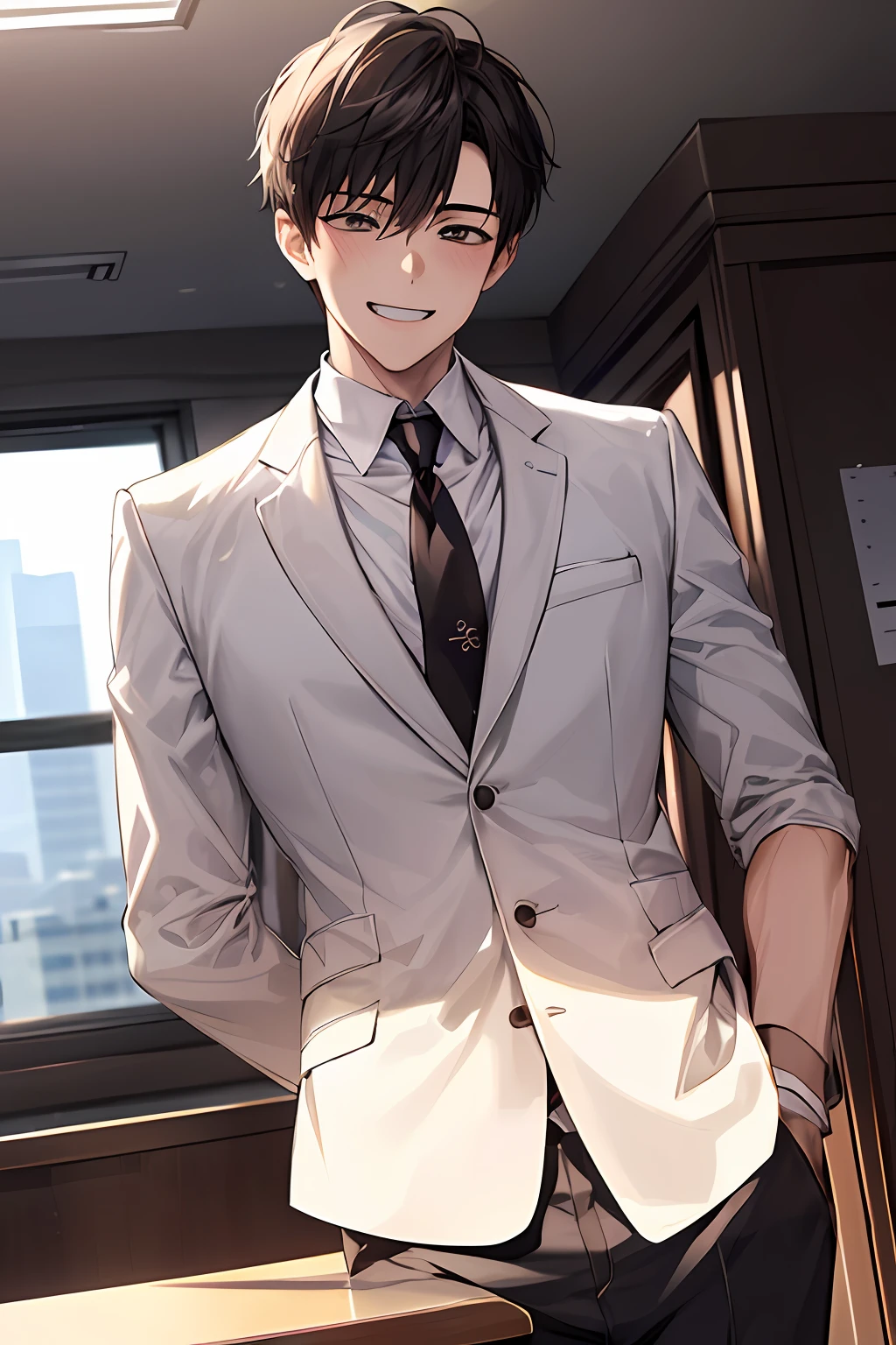 1boy, Face Focus, Adults, Business suits, jaket, white  shirt, neck tie, underpants, top-quality, adopt, A detailed face, s Office, Building from the window, 细致背景, diffuse sunlight, depth of fields, bokeh dof、grin