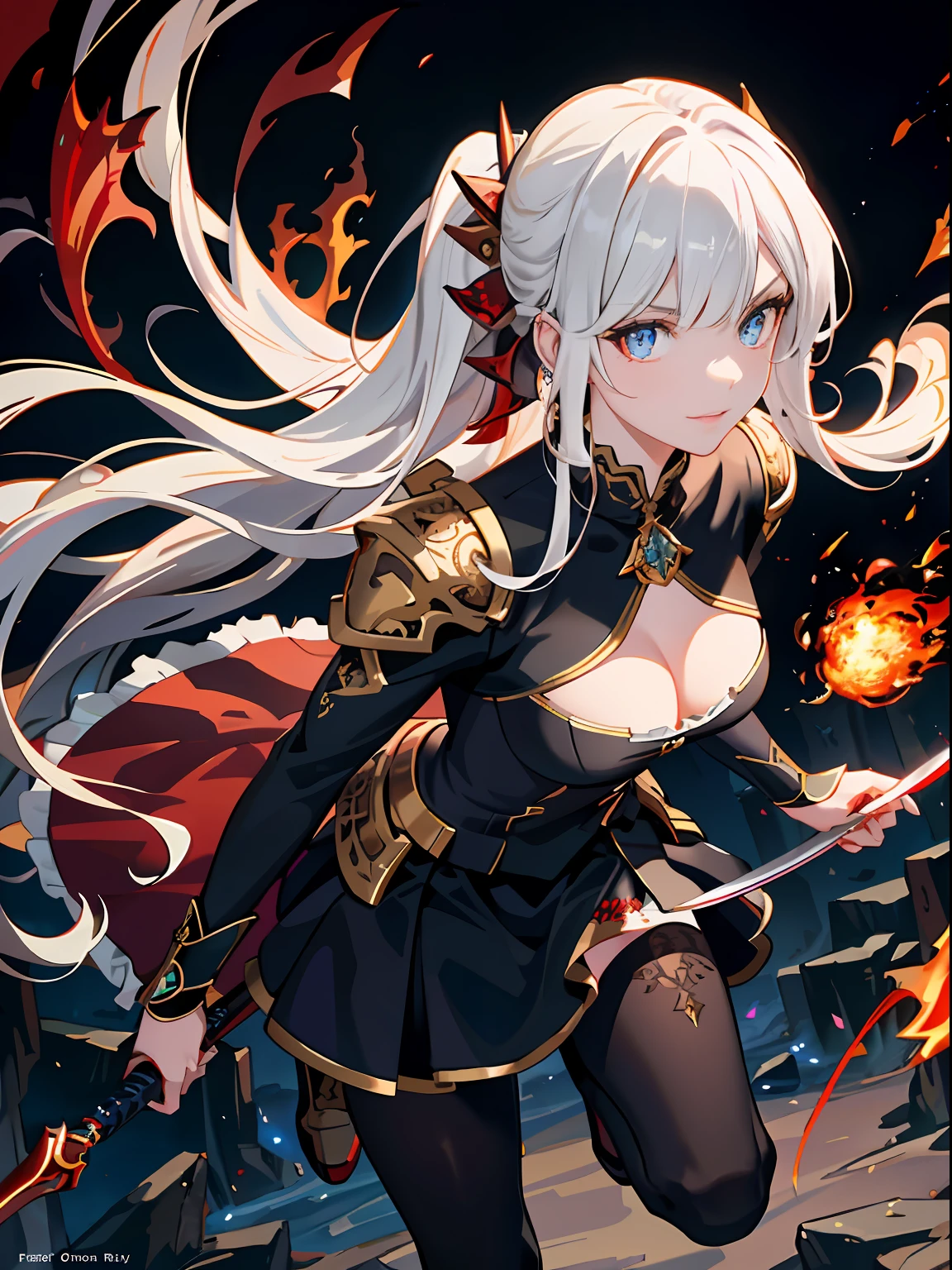 (best quality) (masterpiece), (detailed background, fantasy world),(beautiful detailed face:1.5),bleeding eyes
dragon, smoke, flames, sparks, flying debris, intense action,
1girl,full body red armor ,walking ,looking at viewer,handed sword,full body beautiful, white hair, sharp face,floating hair,  blue eyes, dynamic angle,blood splatter, sunrise,