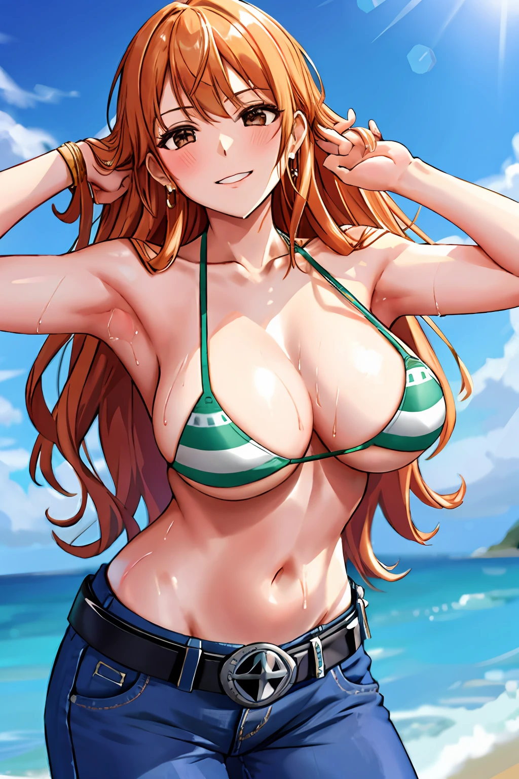 detailed background, masterpiece, 4k, best quality, late youth, adult, wrestler body, 1girl, active, energic, uppercut, (large mouth) , solo, nami \(one piece\), 1girl, bangle, (very wet, drenched in sweat, sweat all over body, very wet hair, tired, taking breath, open mouth, hand on stomach, sweaty face, sweaty body, panting, sweating too much, shiny sweat, sweat stains, leaning forward, tilting, hands on knees, waving good bye), perfect detailed face, bold drawing lines, muscular arms, detailed bold arm lines, flat jaw, adult woman, wavy wide streaked bangs, floating bang streaks, (big cheeks), bare shoulders, off-shoulders, belt, bikini, bikini top only, blue sky, bracelet, springy breasts, breast lines, big round eyes, plain big brown shiny eyes, bubbles, high eye position, cleavage, cloud, day, denim, earrings, floating hair, shiny hair, green belt, green bikini, bold groin lines, jeans, jewelry, large breasts, log pose, long hair, looking at viewer, navel, wet hair, orange hair, pants, shoulder tattoo, sidelocks, sky, solo, standing, stomach, swimsuit, tattoo , looking at viewer, open mouth, detailed left arm, big forehead, hourglass figure, small head, toned body, wide hair, wind effect, sun effect, under the sun, narrow small ears angle, older, random poses,