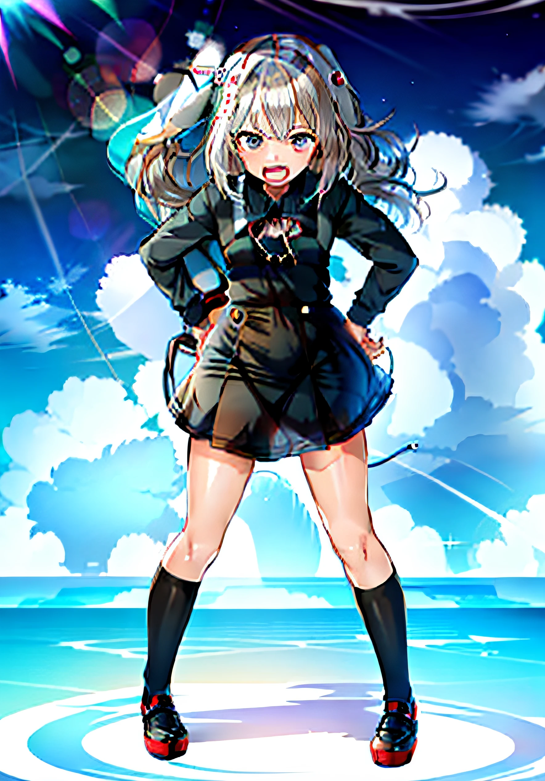 anime girl in a school uniform posing for a picture, Kantai collection style, anime moe art style, anime full body illustration, small curvaceous loli, Yandere. Tall, loli in dress, nyaruko-san, Single character full body, anime visual of a cute girl, gapmoe Yandere, anime vtuber full body model, official character art