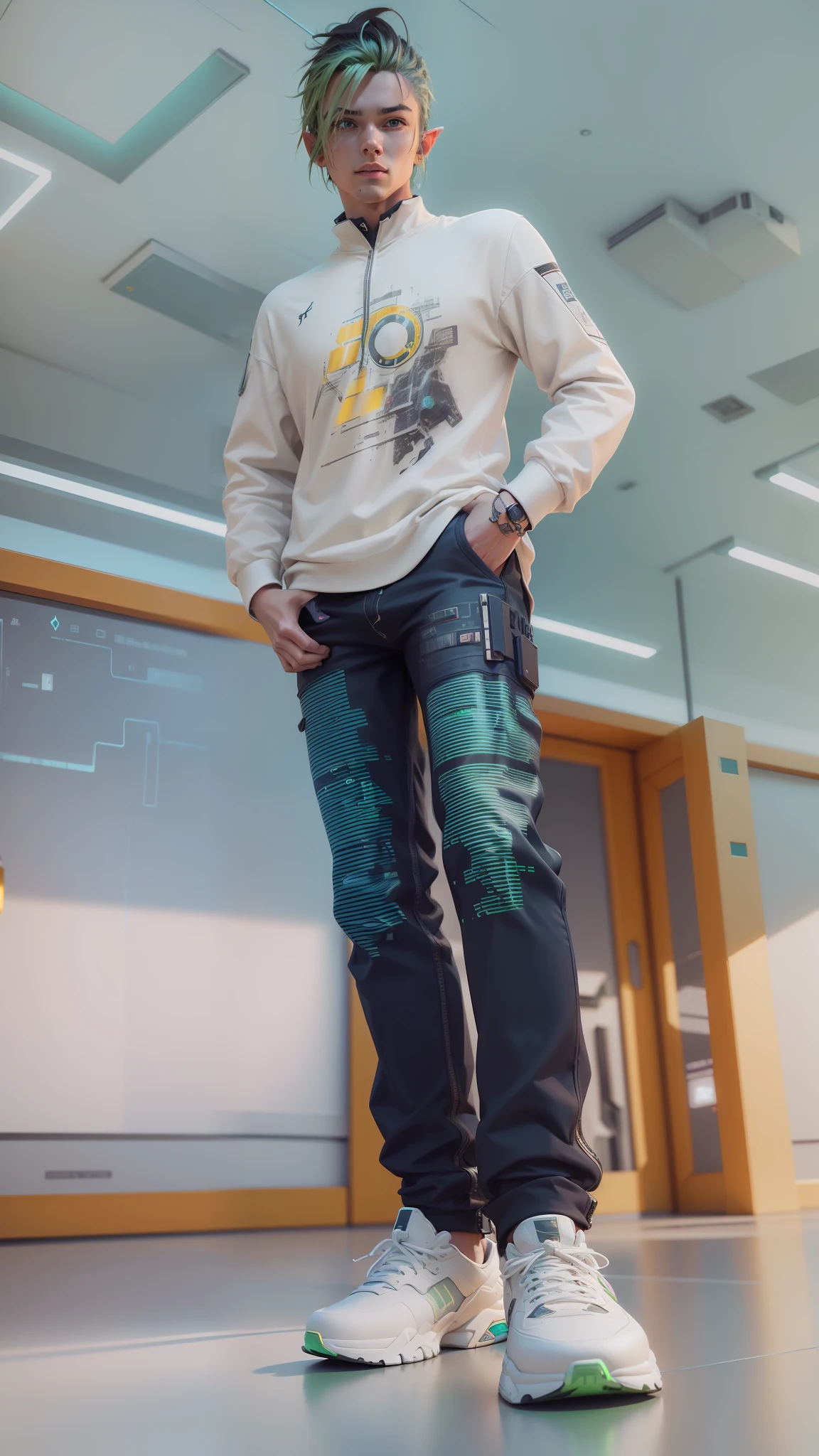 ((Best Quality)), ((Masterpiece)), (Highly Detailed:1.3), 3D, (Cyberpunk:1.3) Zelda cyberpunk link, computer terminal, computer servers, LCD screens, fiber optic cables, corporate logos, HDR (High Dynamic Range) cyberpunk, dark boy, green clothing, green armor, neon green, blond hair, elf, Ray Tracing, NVIDIA RTX, Super-Resolution, Unreal 5, Subsurface Scattering, PBR Texturing, Post-processing, Anisotropic filtering, Depth of field, Maximum clarity and sharpness, Multilayer textures, Albedo and specular maps, Surface shading, accurate simulation of light-material interaction, perfect proportions, Octane Render, two-tone lighting, low ISO, white balance, rule of thirds, wide aperature, 8K RAW, efficient sub-pixel, sub-pixel convolution, luminescent particles,