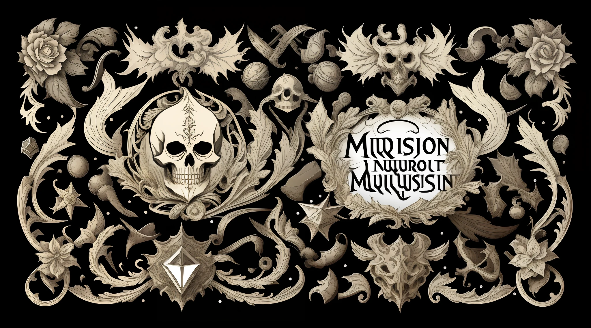 A game about the medieval Inquisition, inventory, on a black background, user interface for RPG, white bones, White letters, White Frame, White patterns, Baroque curls, Stylish inventory, anatomy, Horror, spikes, sharp edges, Realistic realism, User Interface, inventory, dialog box, menu, Carved frame, graphically, Contrast, Baroque design, Table, ribs, spine, leaves, ornament, antique parchment, calavera, scapula, skeletons, Skeleton frame, Spatial