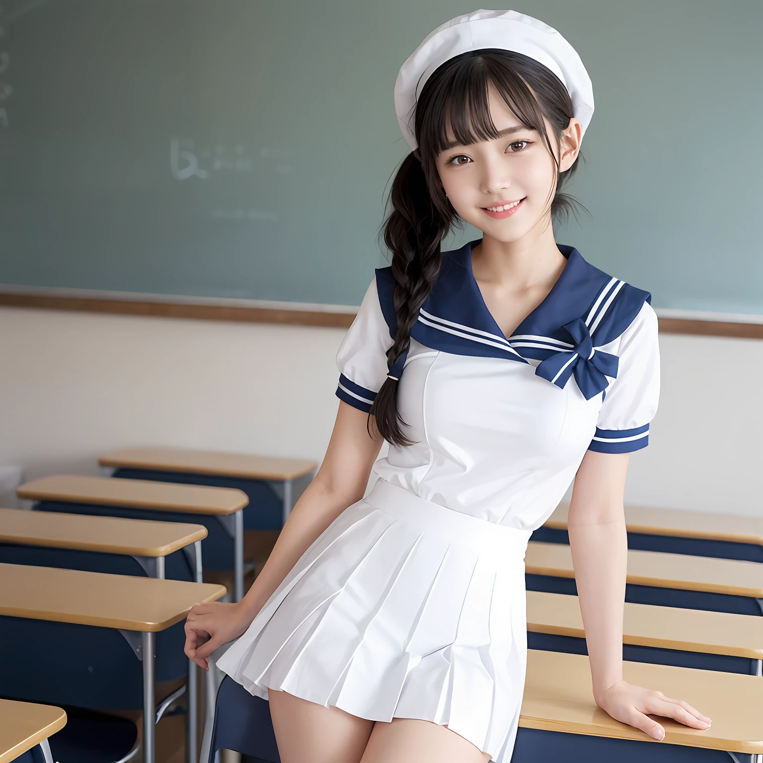 maior, slim figure, femele, White short-sleeved sailor suit, Pleated skirt with dark blue check, A smile, huge tit, bangss, a junior high school student, Classroom,realskin, poneyTail, , , ,