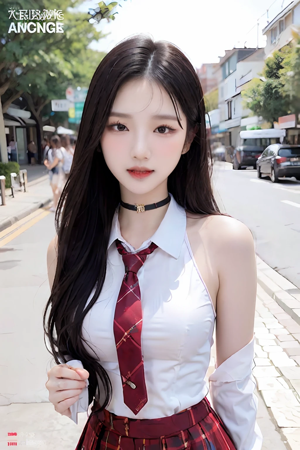 masterpiece, best quality, ((real photo)), full body, 1girl, ((vietnamese)), bangs, black choker, black hair, blue skirt, blush, breasts, choker, clothes around waist, collarbone, collared shirt, cowboy shot, dress shirt, ear piercing, eyebrows visible through hair, gradient hair, grin, gyaru, jewelry, kogal, long hair, looking at viewer, loose necktie, necktie, piercing, plaid, plaid skirt, pleated skirt, red eyes, ring, ((school uniform)), shirt, skirt, smile, solo, white shirt, street, sky, cherry blossoms, petals,illustration, , fashionable, woman, vibrant, outfit, posing, front, colorful, dynamic, background, American style, elements, confident, expression, holding, statement, accessory, majestic, coiled, around, touch, scene, text, cover, bold, attention-grabbing, title, stylish, font, catchy, headline, larger, striking, modern, trendy, focus, fashion,