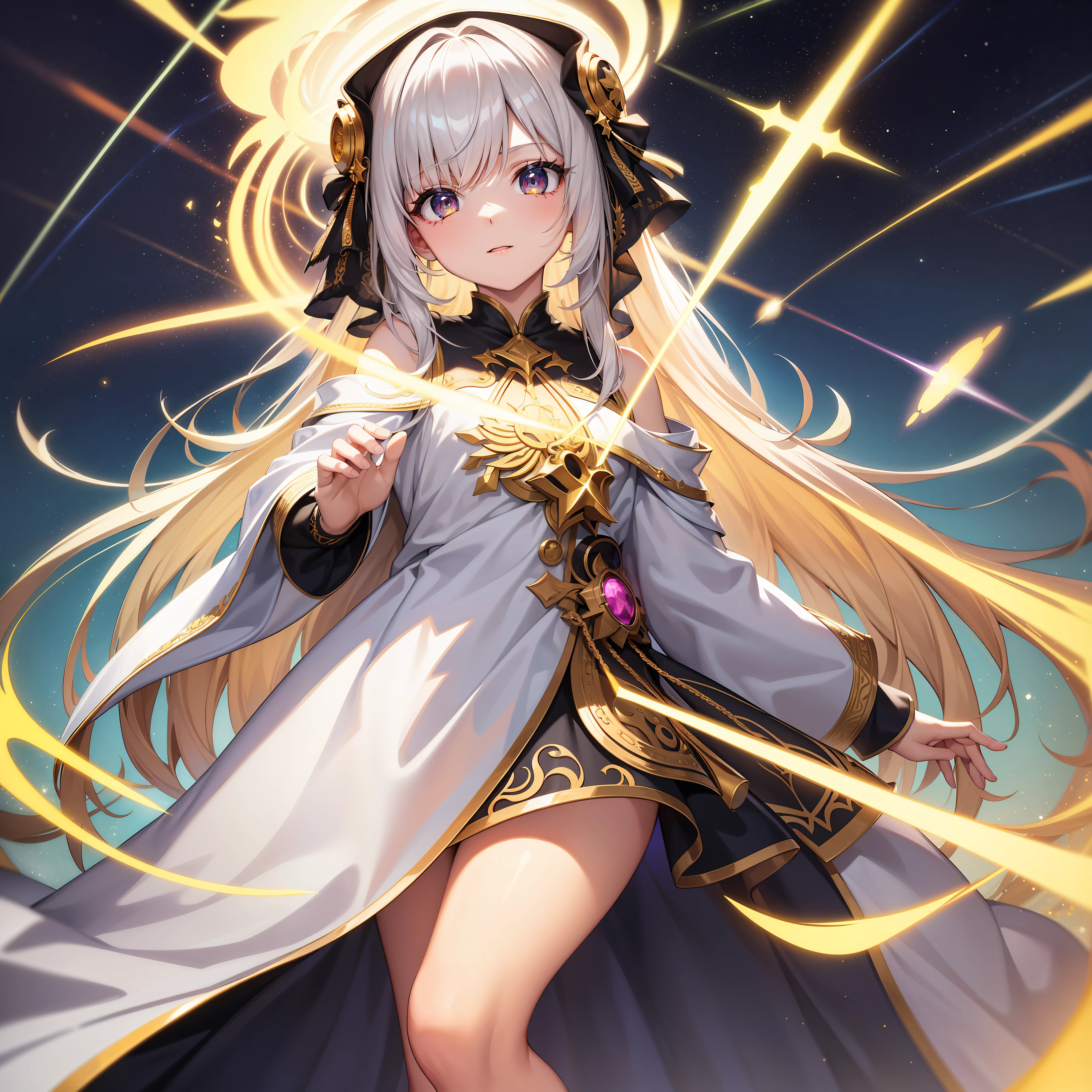 (tmasterpiece,top-quality,best qualityer,offcial art,Beauty and aesthetics:1.2),(1girll),extremy detailed,(s fractal art:1.3),rich colourful,highest details,s the perfect face,Superskirt,HDR,(white cloak golden lines:1.2),(light stre),striking visual effects,(dynamic streaks,Luminous trajectory:1.2),vivd colour