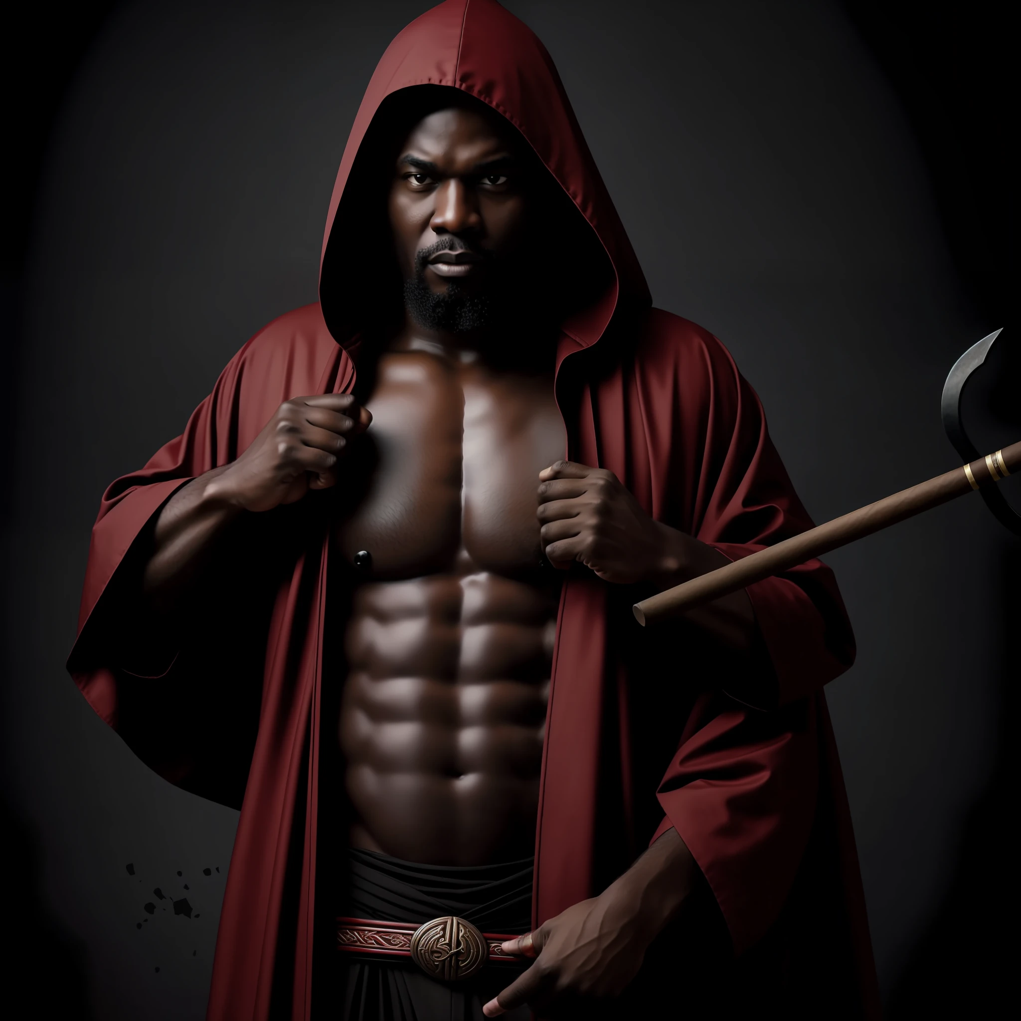 black man, bald, strong, in ancient red and black robes with hood, cigar in mouth, trident in hand, dark gloomy background, 8k, ultra realistic.