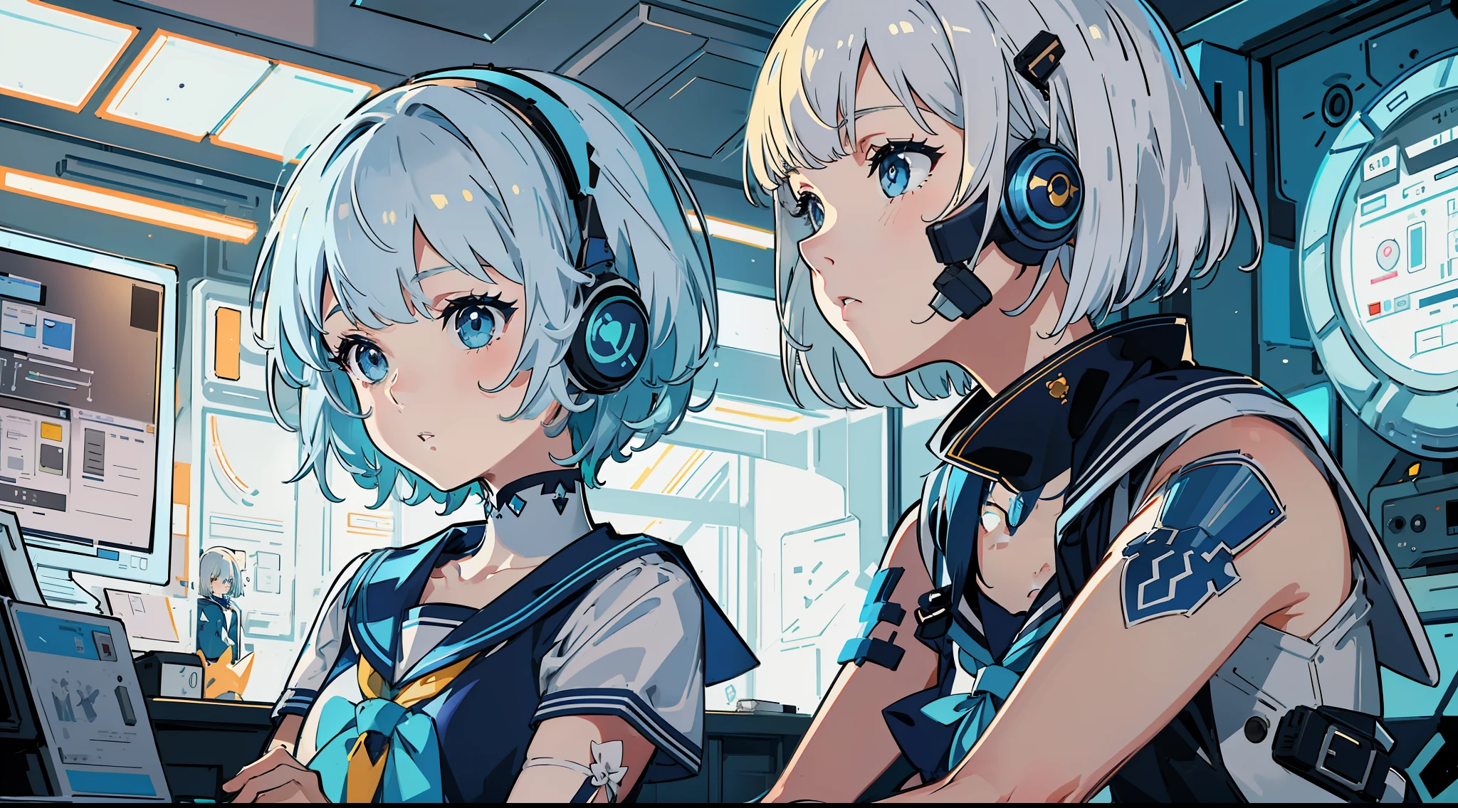2girl, one is a short girl with blue eyes in a sailor suit with a blonde bob cut and the other is a short girl with blue eyes in a sailor suit with a silver hair cut and asymmetrical bangs, (sitting), blue cyber punk room, blue fluorescent light, room with lots of monitors and speakers