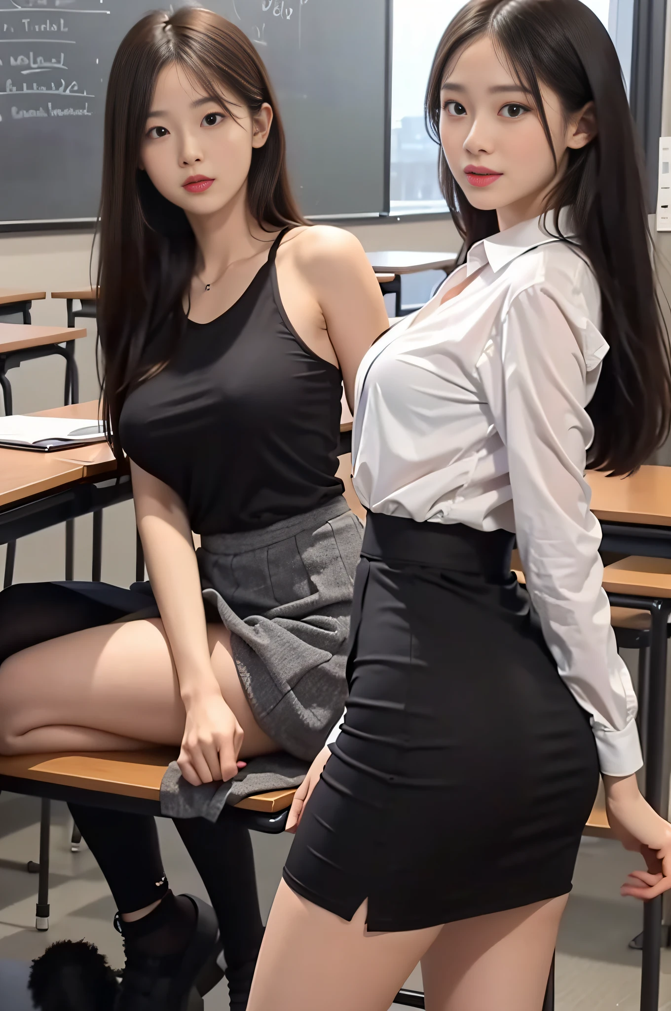 (8K,best qualtiy,tmasterpiece:1,2),(realisticlying,realisticlying:1,37),top Quority,tmasterpiece,a beautiful woman,Sexy teacher,Sexy female teacher,Tight sexy clothes,short skirt,Bigchest,mischievous look,The background is in the teaching classroom,Chairs and study tables are stacked