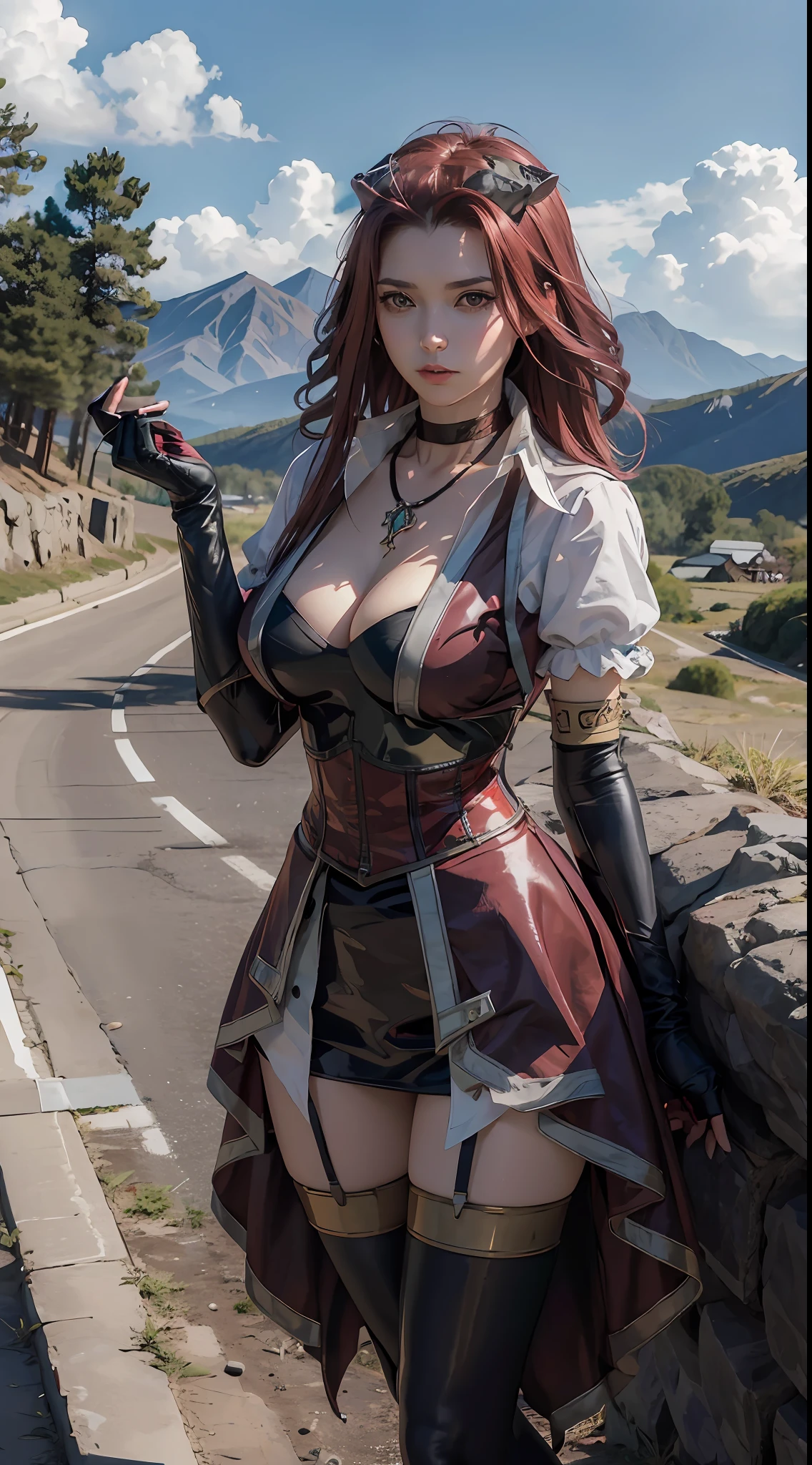 masterpiece, best quality, highres, aki1, izayoi aki, solo, gloves, elbow gloves, breasts, jewelry, cleavage, choker, necklace, black thighhighs, black gloves, large breasts, standing, cowboy shot, outdoors,
