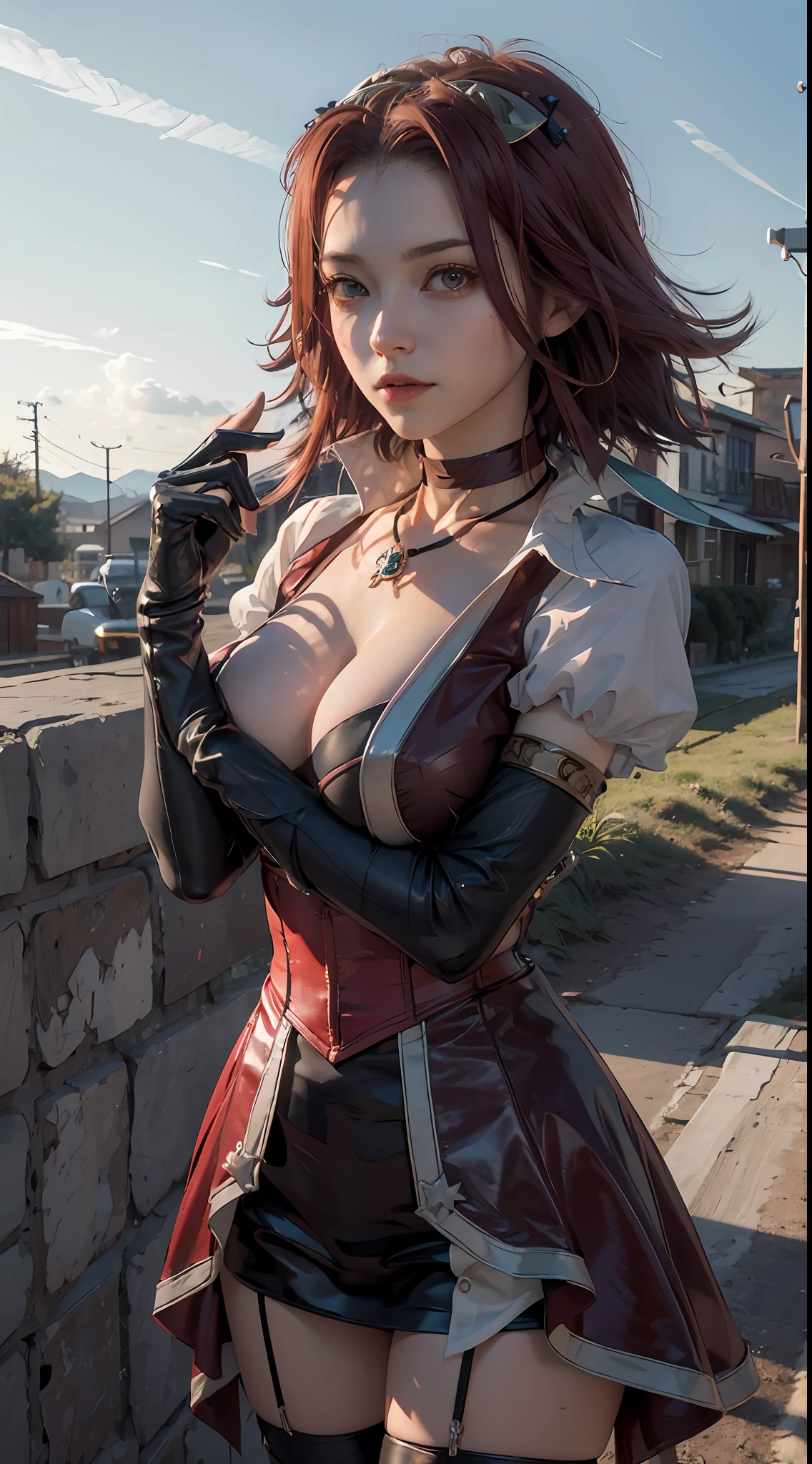 masterpiece, best quality, highres, aki1, izayoi aki, solo, gloves, elbow gloves, breasts, jewelry, cleavage, choker, necklace, black thighhighs, black gloves, large breasts, standing, cowboy shot, outdoors,