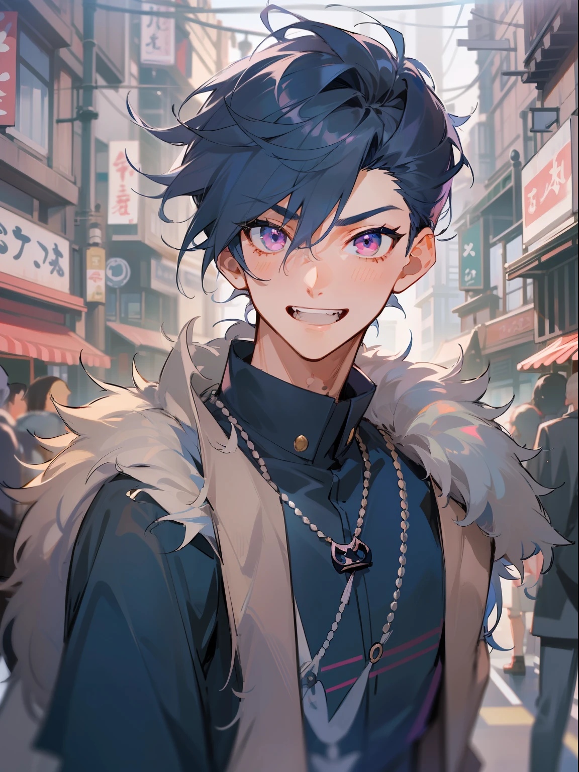 Ultra Detail,Haig Quality,sketch,1boy,matured male,Beautiful face,(Navy blue hair,Outer hair:1.3),Handsome men,Pearl skin,black tshirt,Moss Green Mod Court,Dynamic Angle,Japan Anime,Pink eyes,Laugh,Like a cat's eye,city,male in his 20s,
