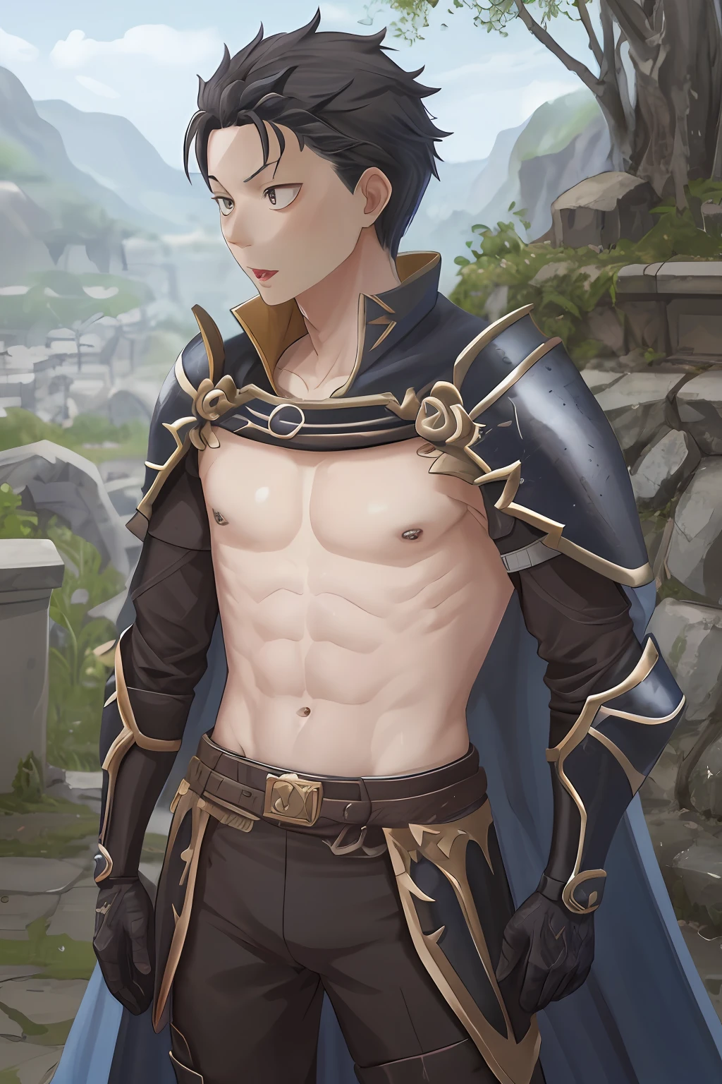 (1 Adult male),A high resolution, Sharp focus, Pixiv masterpiece, ((Complicated details)), highly detailed, natsuki_subaru, 1 man, with her mouth open,drools,full bodyesbian, blue colored eyes(eyes glowing), with short black hair,Armour,cloaks,Shoulder armor,perspire,look from down