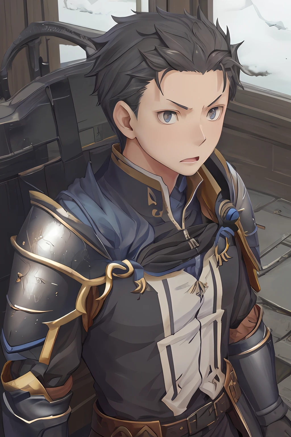 (1 Adult male),A high resolution, Sharp focus, Pixiv masterpiece, ((Complicated details)), highly detailed, natsuki_subaru, 1 man, with her mouth open,drools,full bodyesbian, blue colored eyes(eyes glowing), with short black hair,Armour,cloaks,Shoulder armor,perspire,look from down