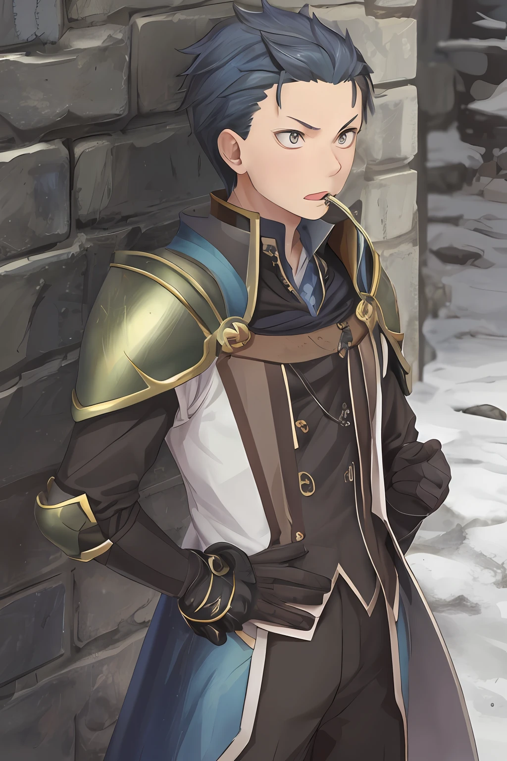 (1 Adult male),A high resolution, Sharp focus, Pixiv masterpiece, ((Complicated details)), highly detailed, natsuki_subaru, 1 man, with her mouth open,drools,full bodyesbian, blue colored eyes(eyes glowing), with short black hair,Armour,cloaks,Shoulder armor,perspire,look from down