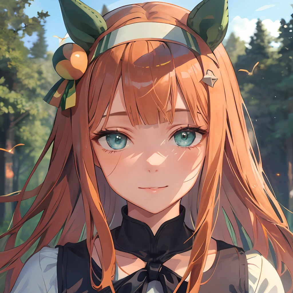 Masterpiece, Best Quality, close up, face shot,
silence suzuka \(umamusume\),beatiful face, ssmile, Eyes wide open, strong wind, shiny eyes, ноч, Fireflies, Pine Forest Chiska Leather, ruddy necks