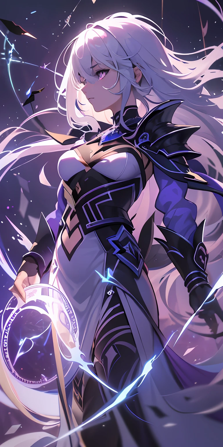 (masterpiece, best quality, ultra-detailed, best shadow), (detailed background,dark fantasy), (beautiful detailed face), high contrast, (best illumination, an extremely delicate and beautiful), ((cinematic light)), colorful, hyper detail, dramatic light, intricate details, (1girl, solo,white hair, sharp face,purple eyes, hair between eyes,dynamic angle), blood splatter, swirling black light around the character, depth of field,black light particles,(broken glass),magic circle, goddess armor, god, cute, holding lightning bolt and a tiny planet,