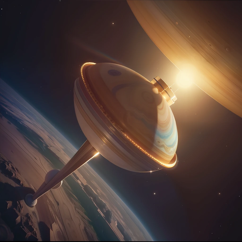 Imagem 4k de um belo planeta saturno com aneis artificiais, Imagem no estilo de Wes Anderson, cores pasteis, Photo taken from space by a Wes Anderson-style probe, Luz Natural, cinemactic, impressionante, Estilo retro-futurista, Anos 70.