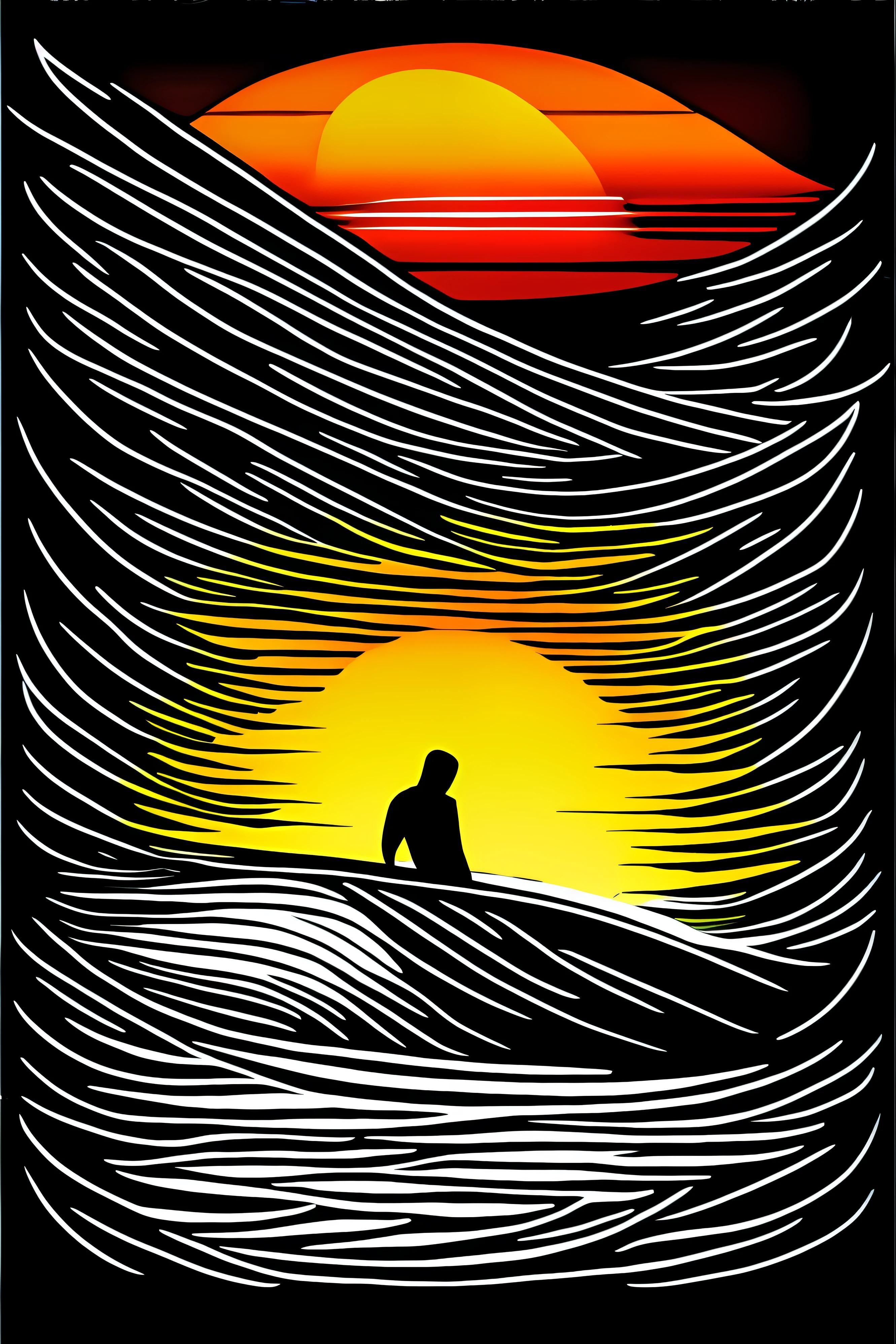 tshirt logo design isolated in black background, (((surfer girl at beach at sunset))), waves patern framming, masterpiece, best quality, ((detailed face)), ((award winning)), (High Detail), Sharp, 8k, vectorial art