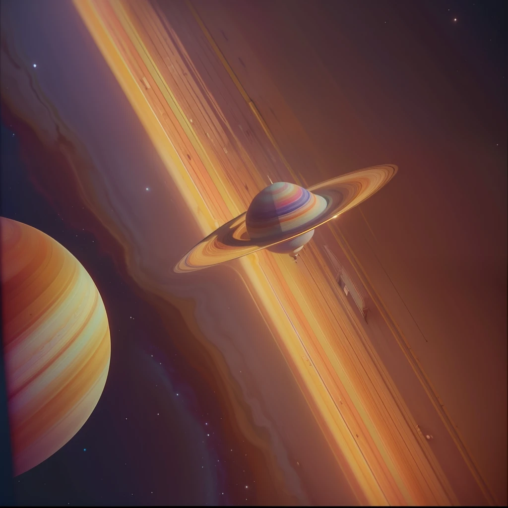Imagem 4k de um belo planeta saturno com aneis artificiais, Imagem no estilo de Wes Anderson, cores pasteis, Photo taken from space by a Wes Anderson-style probe, Luz Natural, cinemactic, impressionante, Estilo retro-futurista, Anos 70.