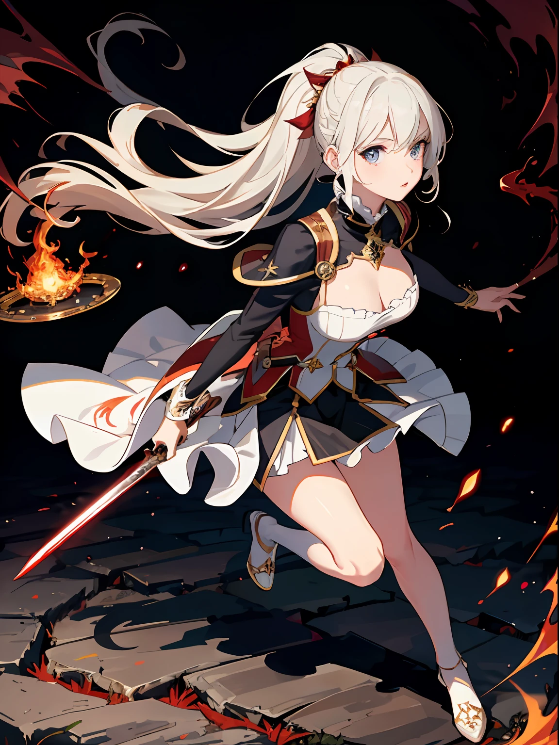 (Best quality) (Masterpiece), (Detailed background, Fantasy world), (Beautiful detailed face:1.5), Bleeding eyed dragon, Smoke, Flames, spark of light, Flying debris, Intelive Action, 1girll, Full body in red armor, Walk, 看at viewer,Holding a sword,Full body beauty,whaite hair,Pointed face,floated hair,Blue eyes,dynamic angle,blood splattere,sunraise,fully body photo，white color hair，blackstockings