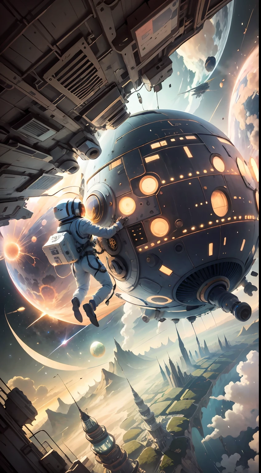 ((tmasterpiece)),((best qualtiy)),8K,high detal,Hyper-detailing,The painting depicts scenes of breathtaking images of magnificent spaces。The picture shows a man wearing a spacesuit,Face back,Look at 5 watermelon-like planets in space。The scene is highly-detailed,Clarity is extraordinary,Every intricate detail of the panorama is captured。