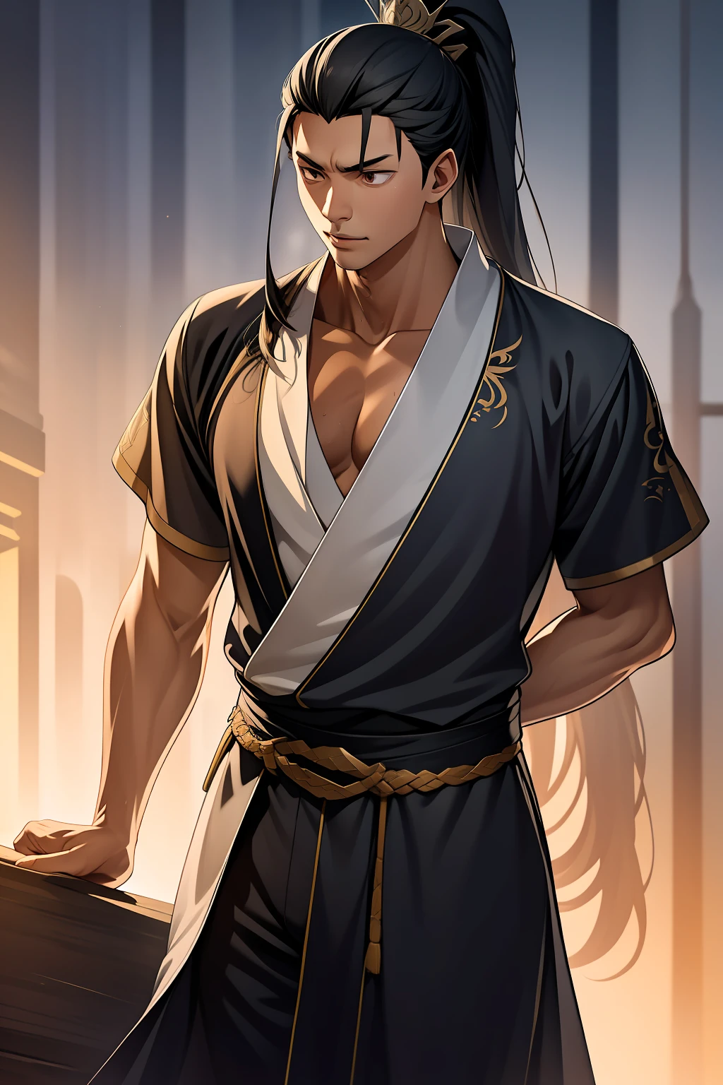 quadratic element，style of anime，mtu（Male Warrior），The proportions are correct，Face details，swordsmen，High ponytail hairstyle，Neck details，There is an Adam's apple，Black Hanfu，kaftan，Embroidered robes，Black robe，clothes details，Handing over，longer sleeves，Game quality，Swordsmanship，Light and shadow tracking，Ray traching，detailed glow，cg render，hair detail，cabelos preto e longos，Black eyes，Handsome，Handsome，（juvenile sense），Clothing is complicated，Perfectcomposition，Refinement，high qulity，higher details，Lots of details，The background is complex，a sense of atmosphere，