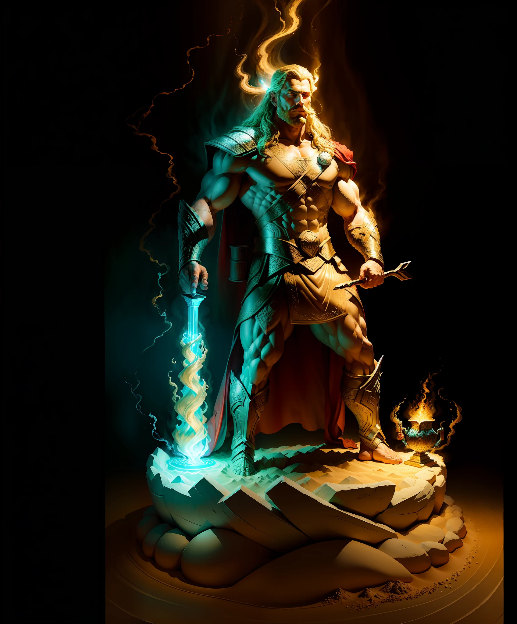 (best quality:1.33), (masterpiece:1.42), (realistic:1.24), (detailed:1.15), 1thor, thor create a sand statue, colour like sand