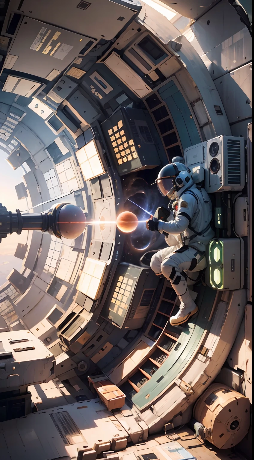 ((tmasterpiece)),((best qualtiy)),8k,high detal,hyper-detailing,The painting depicts scenes of breathtaking images of magnificent spaces。The picture shows a man wearing a spacesuit,Face back,Look at 5 strawberry-like planets in space。The scene is highly-detailed,Clarity is extraordinary,Every intricate detail of the panorama is captured。