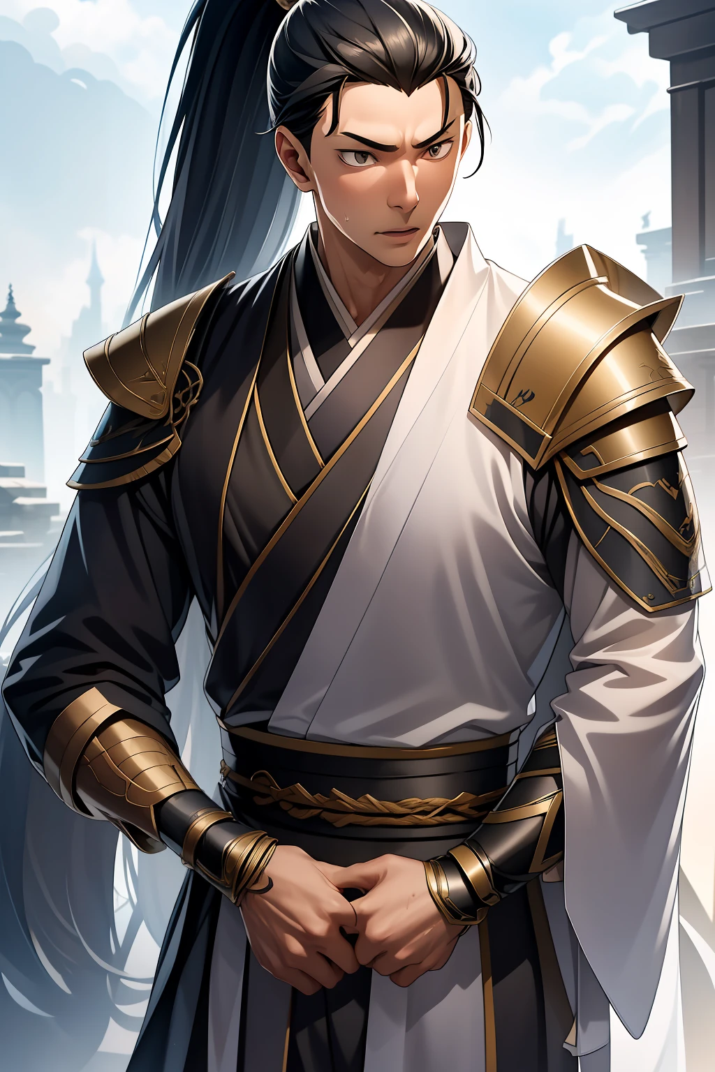 quadratic element,style of anime,mtu(Male Warrior),The proportions are correct,Face details,swordsmen,High ponytail hairstyle,Neck details,There is an Adam's apple,Black Hanfu,kaftan,Embroidered robes,Black robe,clothes details,Handing over,longer sleeves,Game quality,Swordsmanship,Light and shadow tracking,Ray traching,detailed glow,cg render,hair detail,cabelos preto e longos,Black eyes,Handsome,Handsome,(juvenile sense),Clothing is complicated,Perfectcomposition,Refinement,high qulity,higher details,Lots of details,The background is complex,a sense of atmosphere,