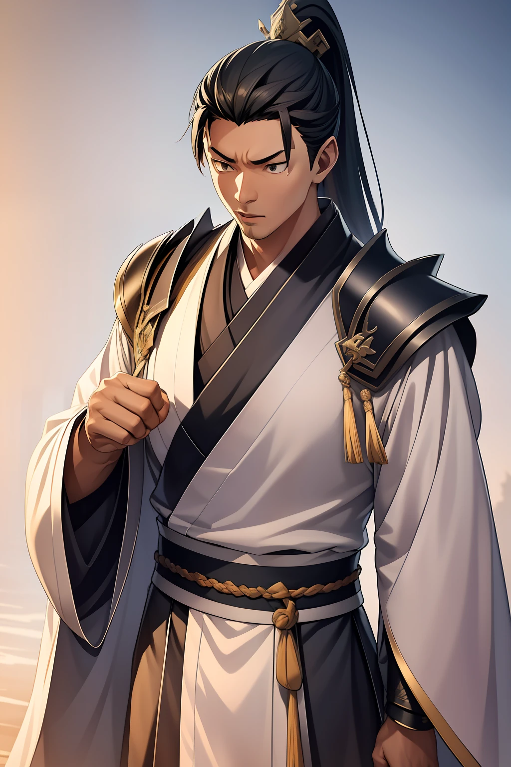 quadratic element，style of anime，mtu（Male Warrior），The proportions are correct，Face details，swordsmen，High ponytail hairstyle，Neck details，There is an Adam's apple，Black Hanfu，kaftan，Embroidered robes，Black robe，clothes details，Handing over，longer sleeves，Game quality，Swordsmanship，Light and shadow tracking，Ray traching，detailed glow，cg render，hair detail，cabelos preto e longos，Black eyes，Handsome，Handsome，（juvenile sense），Clothing is complicated，Perfectcomposition，Refinement，high qulity，higher details，Lots of details，The background is complex，a sense of atmosphere，