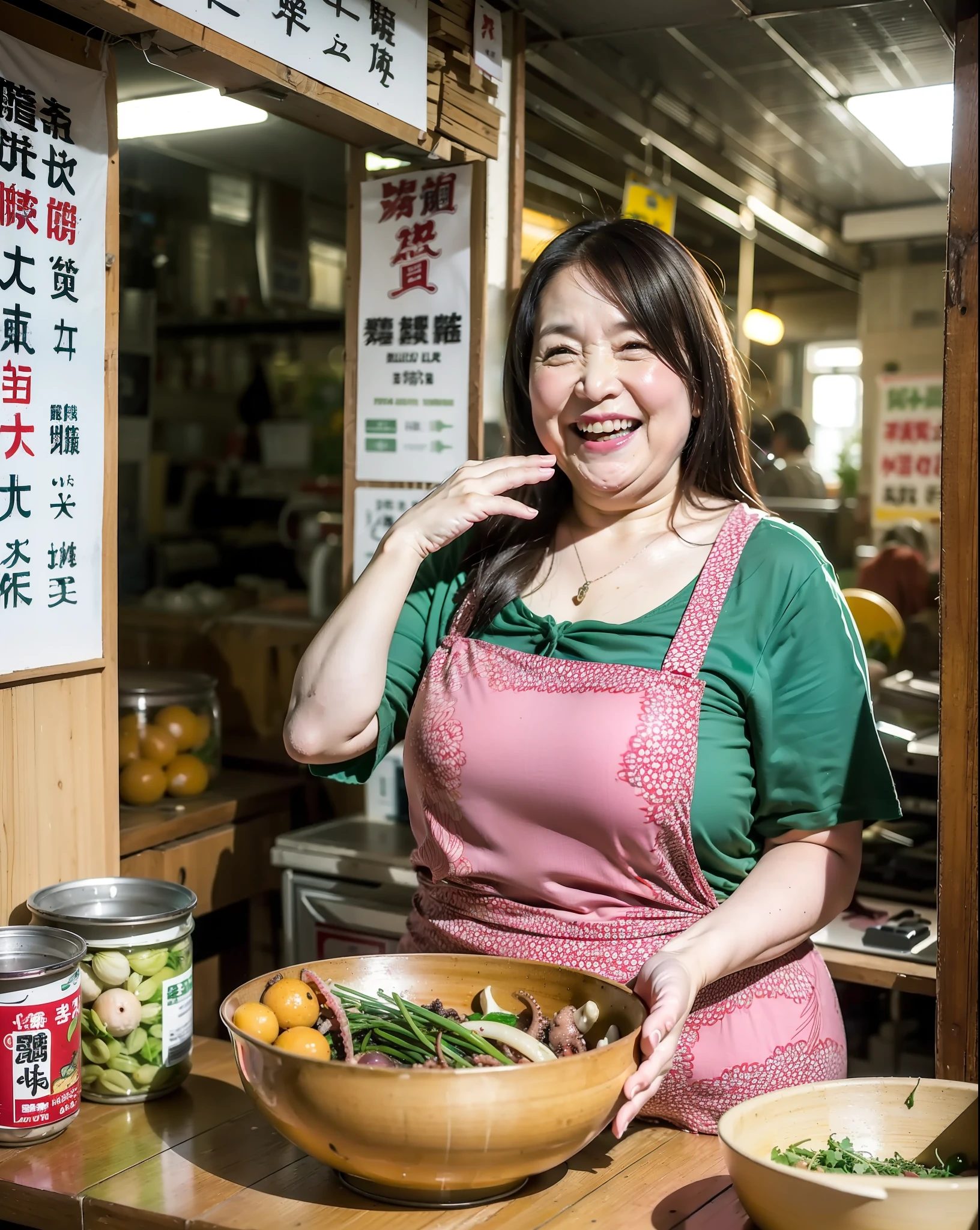 In a quaint old Japan neighborhood, Among the many stalls, the bustling and bustling stalls catch the eye of passers-by、Plump 50-year-old mature woman, Show cleavage, Wearing an old apron、Wear old cloth gloves、Tanaka, Everyone's mother, Energetic Octopus Ball Bender, The public seems to have stepped straight into the heartwarming film、With a plump, warm smile and shining eyes, Tanaka exudes an aura of friendliness and charm, Attract customers like a magnet、Her stall was decorated with many colorful lanterns, Unleash the enchanting aroma of freshly made octopus balls, Octopus balls are lined up all over the desk、Floating in the air、Entice hungry patrons from all over the world、Tanaka's apron is decorated with a cheerful octopus print、Show cleavage, While she deftly moves around the small cooking station, She flips a takoyaki ball with a metal skewer, A true maestro at work、Burning sounds and rhythmic sounds of metal、Become a captivating symphony that complements the lively chatter of customers and friends、greatly pleases her many audiences、She shares the history of the neighborhood and the secret stories behind her legendary sources, Bringing joy and laughter to men and women of all ages.When dusk subsides, Lots of lanterns in her stall come to life, Warm octopus balls are lined up on the desk、casting a warm glow upon the scene. Tanaka's food stall becomes a community-based base, Locals々Gatherings、Share your story、A place to make warm memories. A stranger makes friends with a plate of octopus balls, And the sounds of laughter and happiness fill the air.Her great kindness is、Spread her love and compassion to the neighborhood beyond the food she provides. She is a darling, The true embodiment of the concept of Japan hospitality, A place where hospitality and sincere compassion for others shine、Symbol of motherhood、Her gentle smile、Show cleavage, Octopus balls are lined up all over the desk、Wear old cloth gloves、
