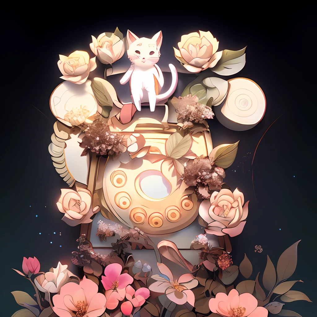 there is a cat sitting on a phone with flowers and leaves, stylized digital illustration, telephone, mew, full color illustration, full color digital illustration, background art, cute detailed digital art, in style of digital illustration, official illustration, neko, lowres, wrapped in flowers and wired, white cat in a pink dress, official art, cute artwork,, beautiful line art, detailed manga style, extremely fine ink lineart,exquisite line art, perfect lineart,exquisite line art, exquisite digital illustration, detailed digital drawing,digital anime illustration, a beautiful artwork illustration, detailed matte fantasy portrait, beautiful line art, great digital art with details, goddess. extremely high detail, 4k detailed digital art, stunning digital illustration, digital fantasy illustration,((Best quality)), ((masterpiece)), (detailed:1.4), 3D, an image of a beautiful female,HDR (High Dynamic Range),Ray Tracing,NVIDIA RTX,Super-Resolution,Unreal 5,Subsurface scattering,PBR Texturing,Post-processing,Anisotropic Filtering,Depth-of-field,Maximum clarity and sharpness,Multi-layered textures,Albedo and Specular maps,Surface shading,Accurate simulation of light-material interaction,Perfect proportions,Octane Render, Two-tone lighting,Wide aperture,Low ISO,White balance,Rule of thirds,8K RAW,subsurface scattering, best ratio of four fingers and one thumb
