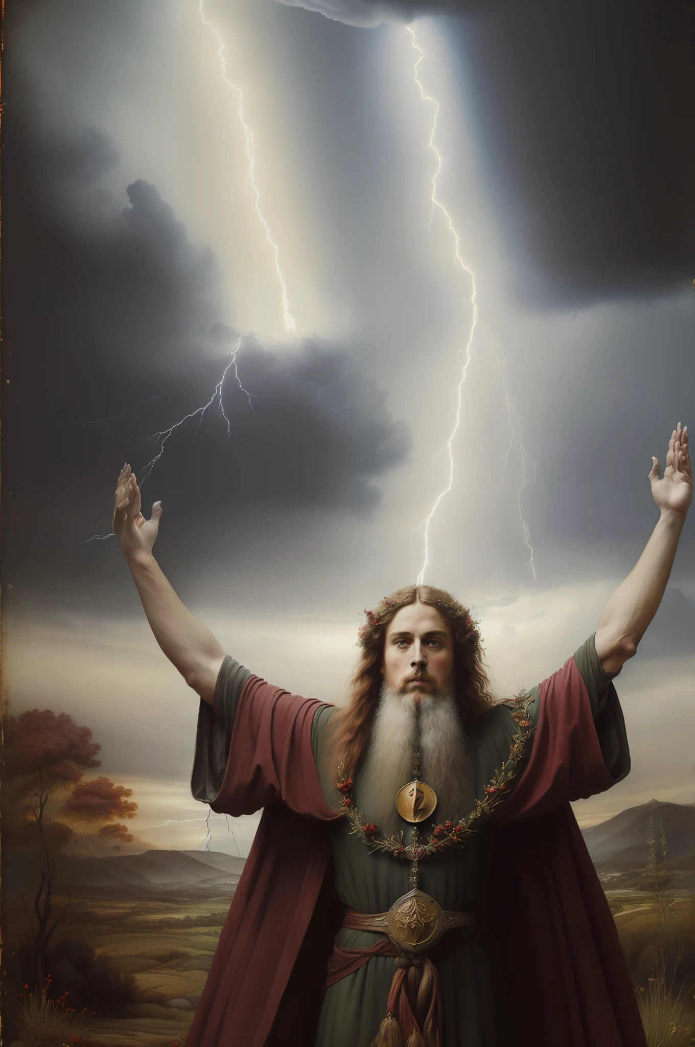 ((( Pre-Raphaelite painting of a druid in worship with arms raised, vestes vermelhas, Lightning crosses the sky, espinheiro-negro sem folhas, predominance of red tones))) paisagem celta, clouds and mist