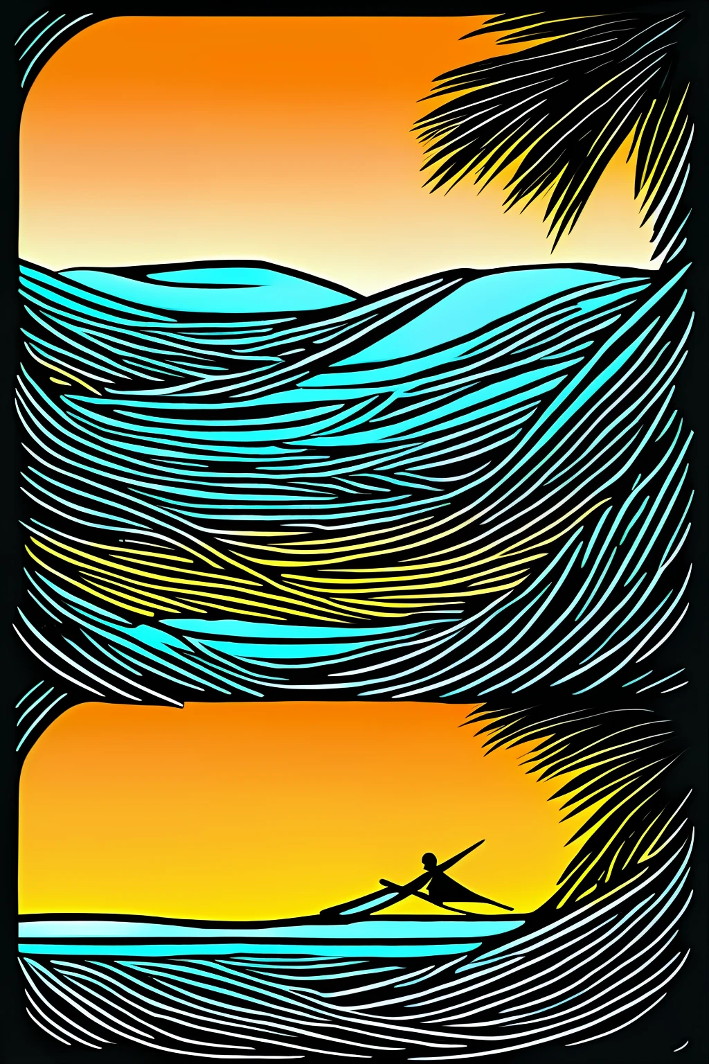 tshirt logo design isolated in black background, (((surfer girl at beach at sunset))), waves patern framming, masterpiece, best quality, ((detailed face)), ((award winning)), (High Detail), Sharp, 8k, vectorial art