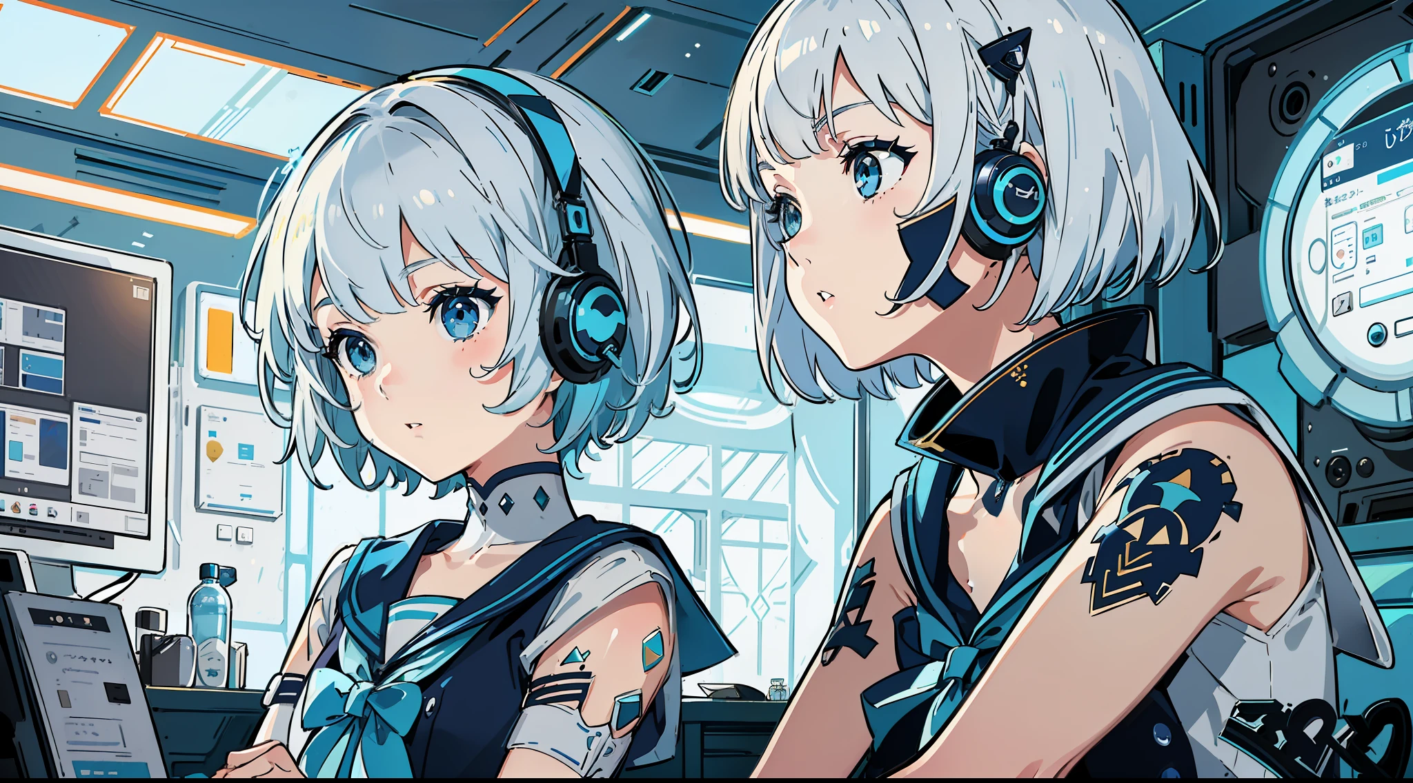 2girls, One was a short girl with blue eyes wearing a blonde bob-cut sailor suit、The other cut off his silver hair.、It is a short girl with blue eyes in a sailor suit with asymmetrical bangs。, (Sitting), Blue Cyberpunk Room, Blue fluorescent lamp, A room with lots of monitors and speakers
