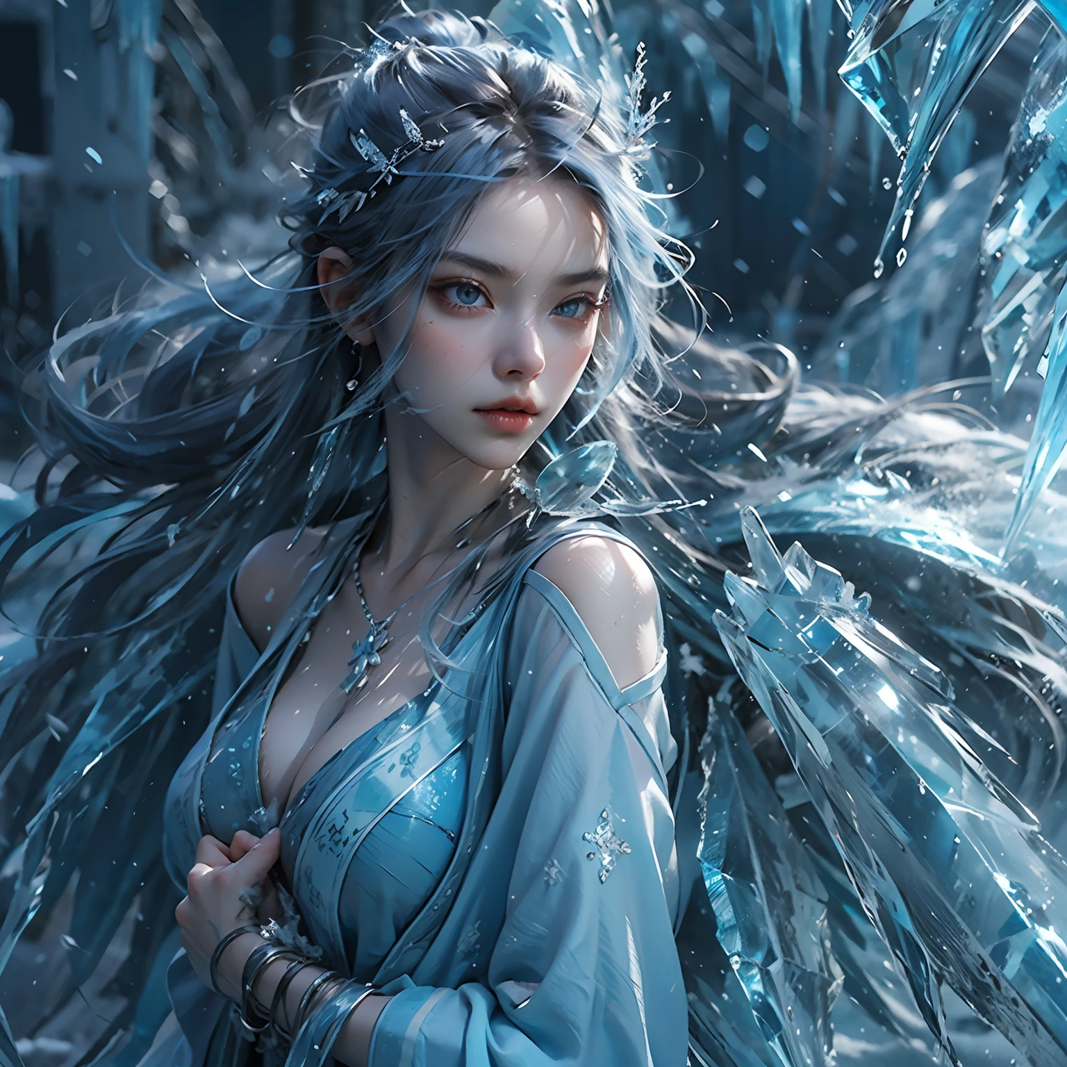 (((1girll)))，Imperial water，A magician，（Loose dress：1.5），（Perfect facial features：1.4），（Blue silk robe），（Mysterious magic formations：1.2），Blue glow，（Frost wings），(((Powerful ice magic)))，(((Icicles)))，Towering over the landscape，Blue light cold light，(((Ice storms)))，Wind，((Flying snow ice and snow))，Amazing results，,best qualityer,tmasterpiece,超高分辨率,finely detailled,Complicated details,8K分辨率,8KUCG wallpaper,hdr,water blue,Magic Array,Cinematic lighting effects,lightand shade contrast，Ray traching、NVIDIA RTX