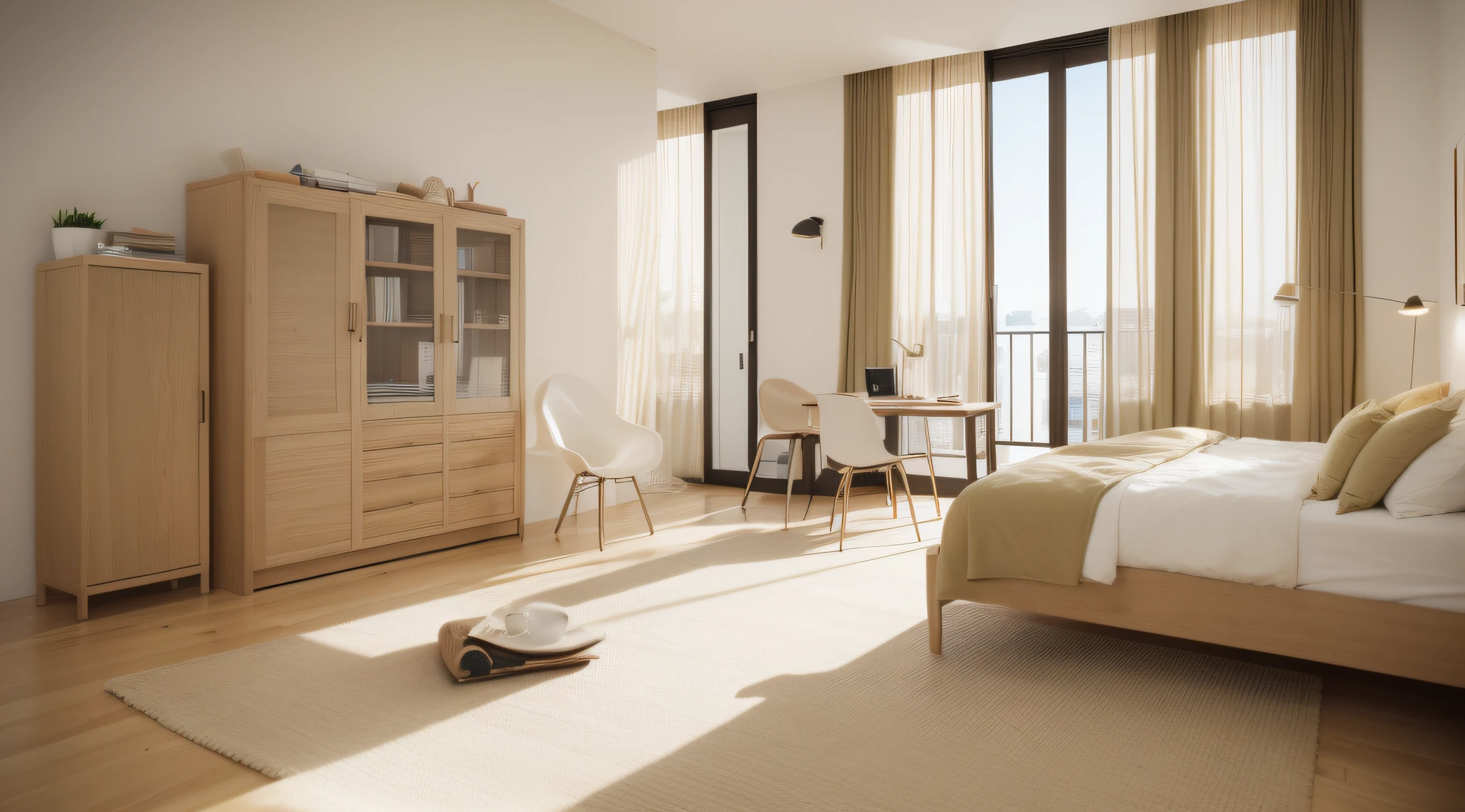 Faraway view,French khaki bedroom,The furniture in the room was neatly arranged,full frame image,artistic conception,modernsimplicity,Milk tea color,strabismus,tilt,Lateral face,Khaki color scheme,Beige and khaki scheme,photorealistic image,Attach an image,Panoramic image,pastel colour,French style,Product realism,interesting angle,realistic dress,corona rendered,3D rendered images,product introduction photos,Minimalist style