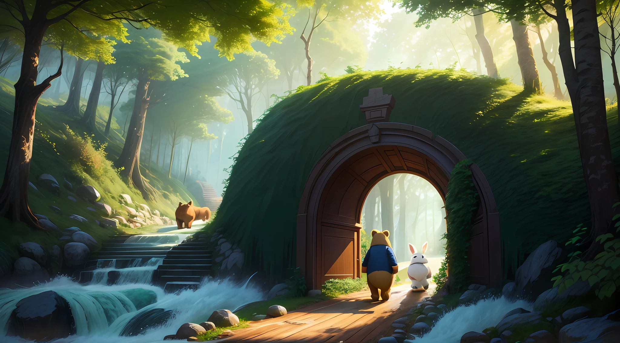 There was a man walking through a tunnel in the woods, wojtek fus, fantasy matte painting，Cute, zootopia concept art, whimsical fantasy landscape art, wonderland portal, concept art by disney, pixar zootopia. 3 d rendered, Animated Movies, Concept art wallpaper 4K, beautiful 3d concept art, In Studio Ghibli style, atey ghailan 8 k