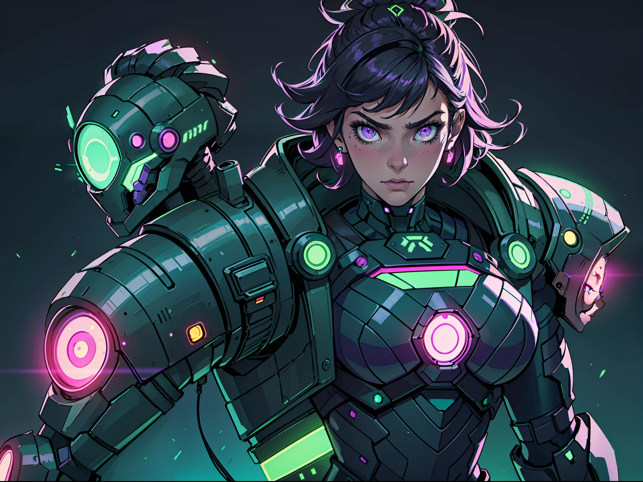 1girl，closeup cleavage，intricately details，（cyber punk perssonage：1.4），machine arm，messy  hair，（Glowing neon armor：1.2），Machinary，with black background，boy，ultra - detailed，Ultra high quality，Purple eye，a variety of poses，Green clothes