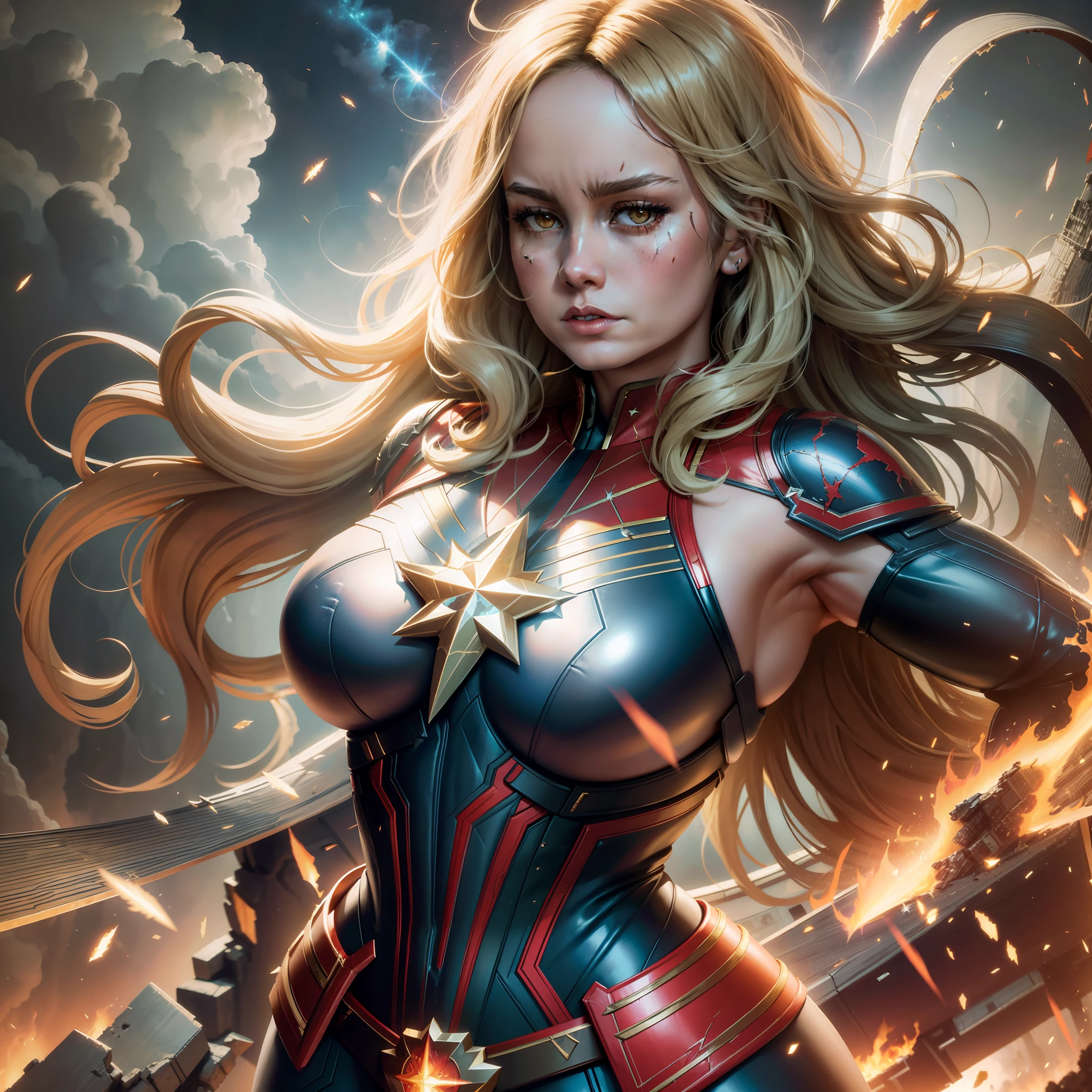 Captain marvel, Huge-breasts, Lush breasts,  elastic breasts, hairlong, Luxurious hair, Torn costume, Shattered face, wounds and abrasions, flies in the sky, evil look, magic, Flight Beam, beste-Qualit, Very detailed, 8k quality, in full height