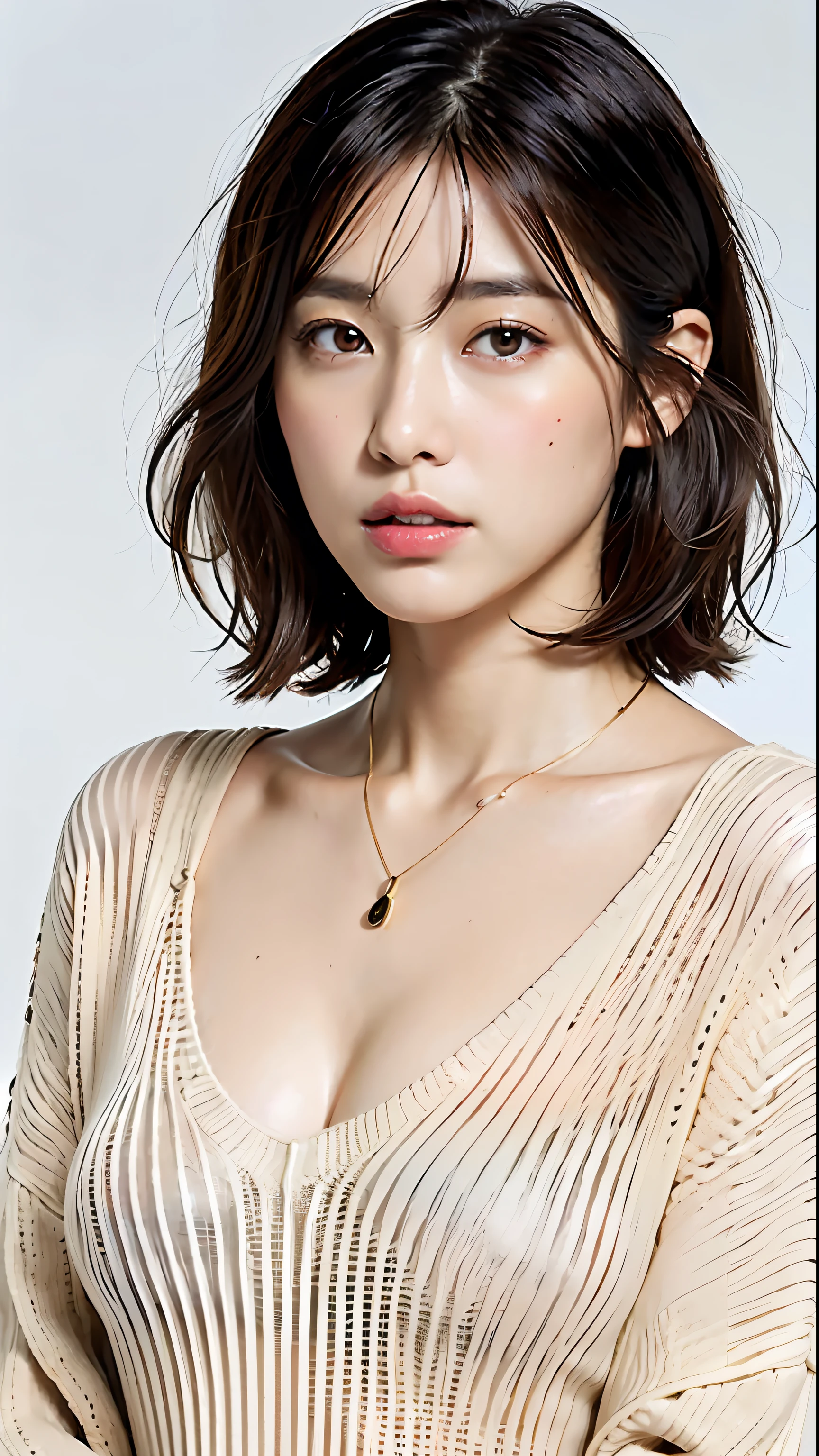 (Best quality, 8k, 32k, Masterpiece, UHD:1.2),Photo of Pretty Japanese woman, large breasts, very short bob hair,upper body,(oversized_sweater,:1.1) necklace, simple background, looking at around