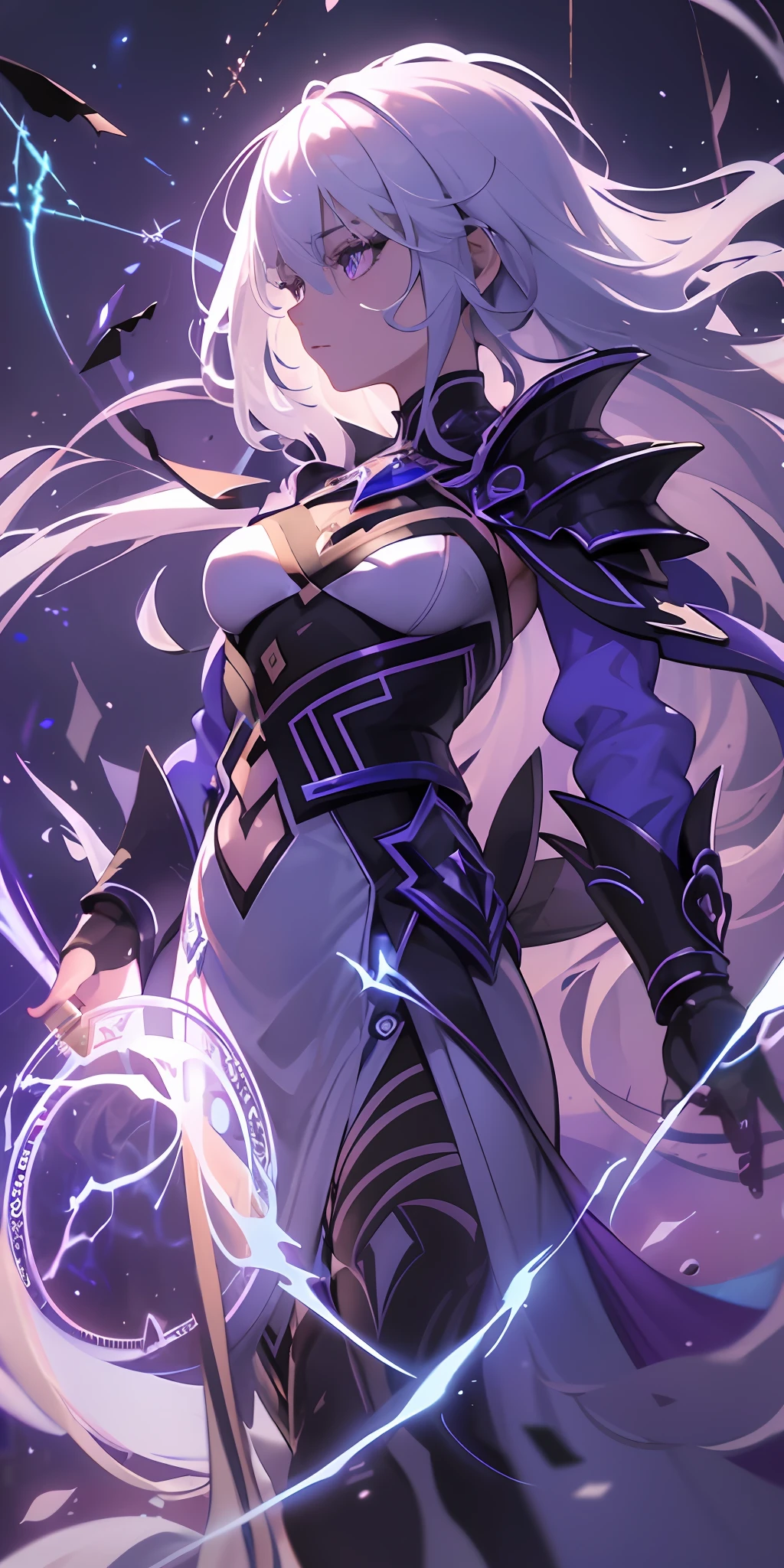 (masterpiece, best quality, ultra-detailed, best shadow), (detailed background,dark fantasy), (beautiful detailed face), high contrast, (best illumination, an extremely delicate and beautiful), ((cinematic light)), colorful, hyper detail, dramatic light, intricate details, (1girl, solo,white hair, sharp face,purple eyes, hair between eyes,dynamic angle), blood splatter, swirling black light around the character, depth of field,black light particles,(broken glass),magic circle, goddess armor, god, cute, holding lightning bolt and a tiny planet, wielding lightning sword,
