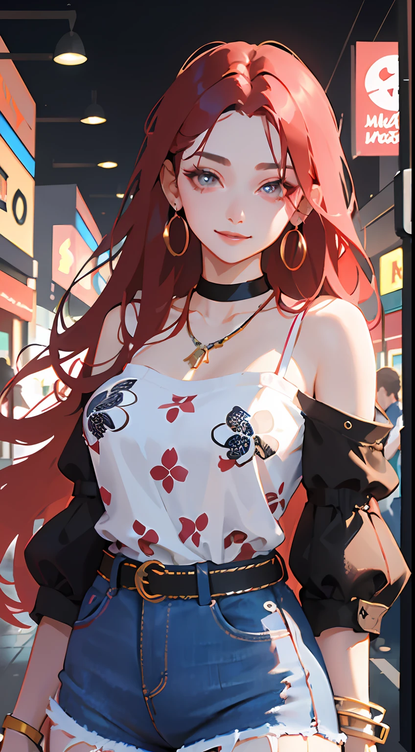 (masterpiece:1.2), (best quality:1.2), perfect eyes, perfect face, perfect lighting, 1girl, mature female, smiling, long red hair, straight hair, sophisticated haircut, stylish, single bare shoulder shirt long, music band print, jewelry, necklace, earrings, armlets, lacey choker, belt, low cut black jeans, thick eyelashes, makeup, eyeshadow, detailed mall background, crowd